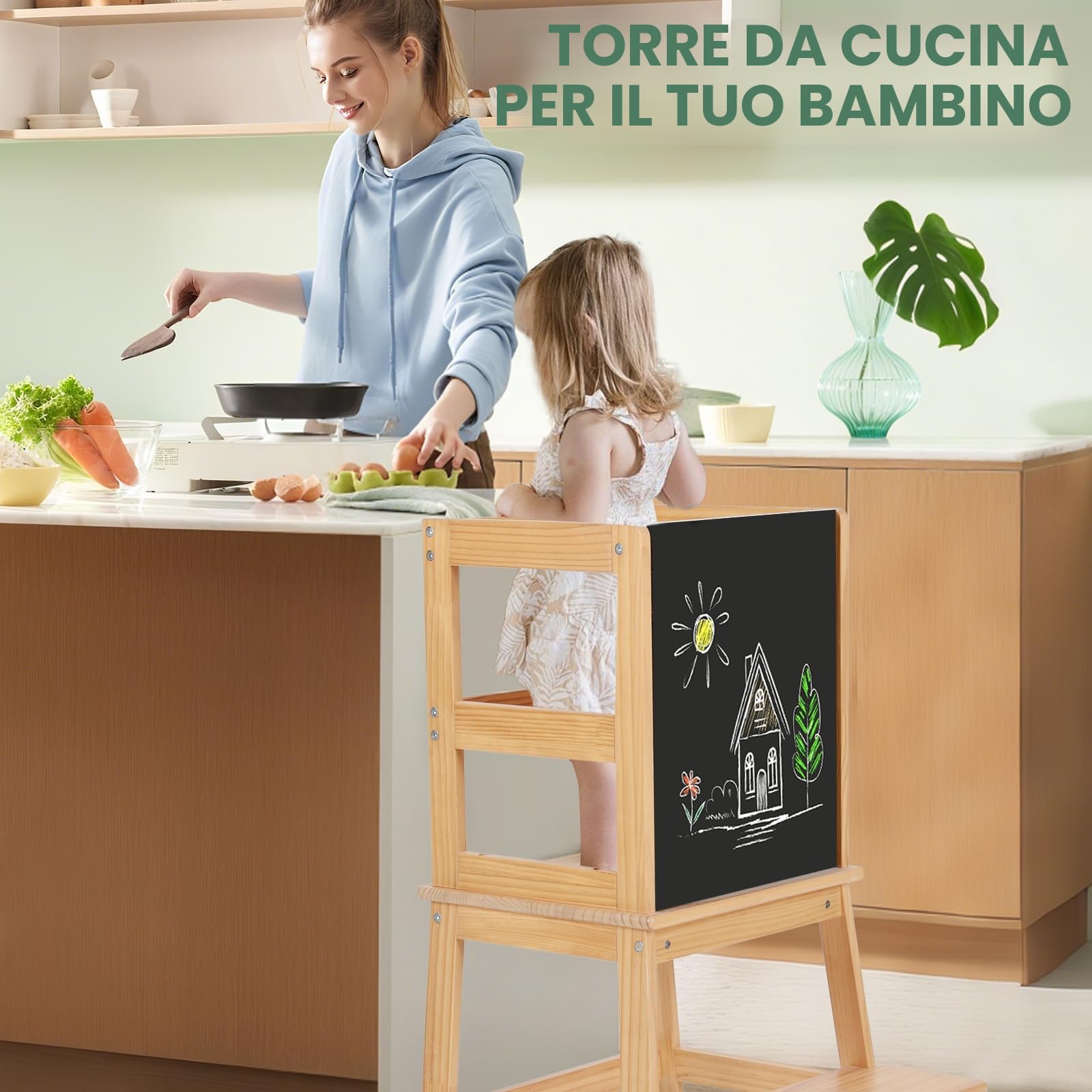 Torre Montessoriana per Bambini con Lavagna e Sbarra di Sicurezza, Sgabello Estraibile per Adulti, Naturale