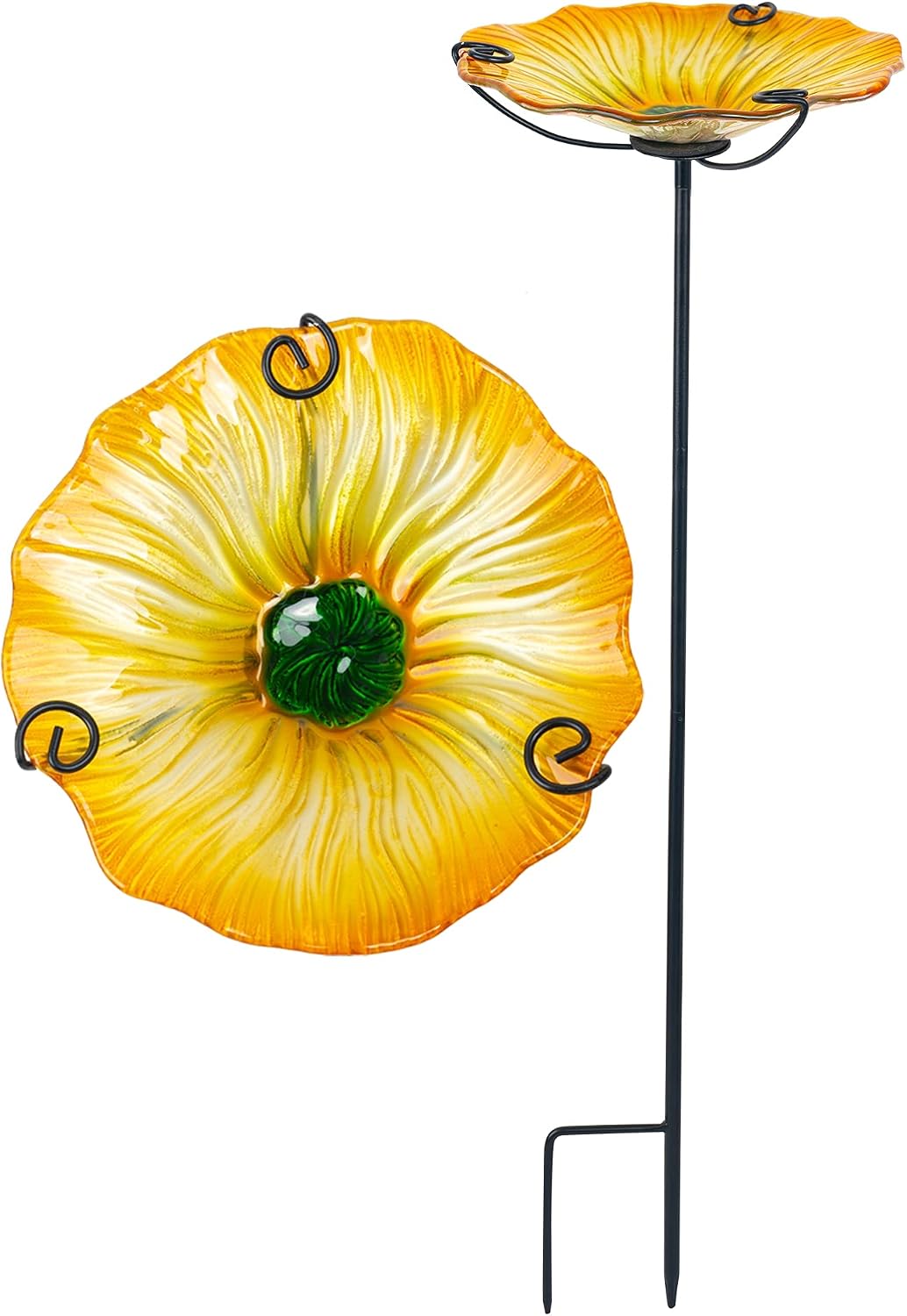 NEROSUN Glass Bird Bath and Bird Feeder for Outdoor, Outside, Yellow Flower Pattern Birdfeeder with Metal Stake for Garden, Yard and Lawn Decoration