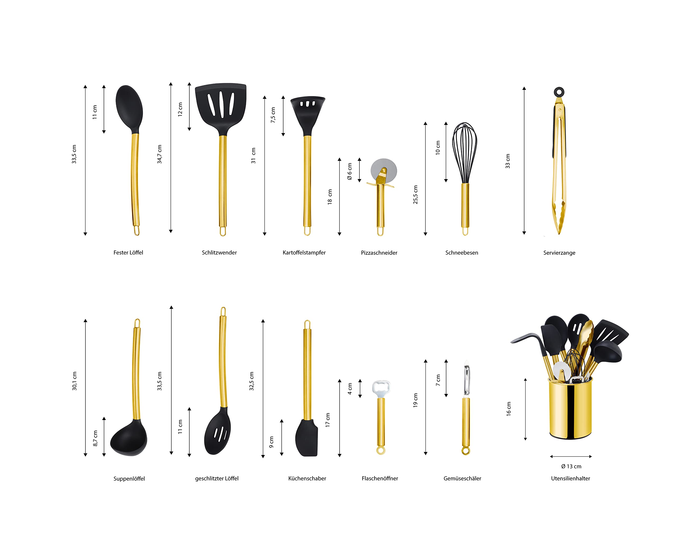 ECHTWERK Utensili da cucina, Set di 12 utensili da cucina, Utensili da cucina con manico in acciaio inox, Portautensili, Ausili domestici in silicone antiaderente, Edizione oro, EW-KS-1202G