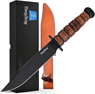 ZhengSheng 8.0" Fixed Blade Hunting Knife, DC53 PVD Coating Blade Duty Full Tang Survival Knife with Leather Sheath, Ergonomic Handle Bushcraft Bowie Knife for Camping, Hiking - ZhengSheng