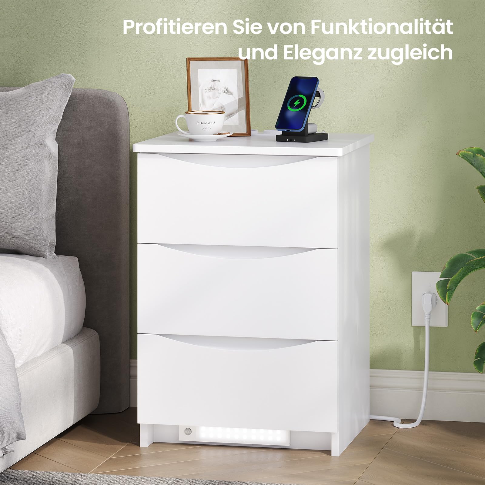 Brinlawb Nachttisch 2er Set mit LED-Beleuchtung und Ladestation (2 AC-Steckdosen & 2 USB-Anschlüsse) Nachtschrank 2er Set mit 3 Schubladen Beistelltisch für Schlafzimmer, Einfache Montage, Wohnzimmer