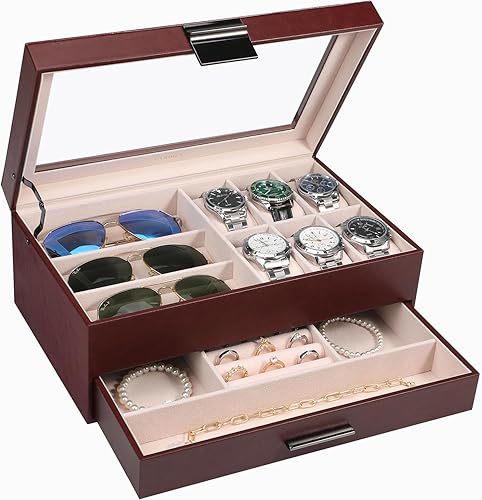LANDICI Caja de reloj para hombres y mujeres, 2 capas de piel sintética, organizador de relojes, caja de almacenamiento grande, caja de joyería,