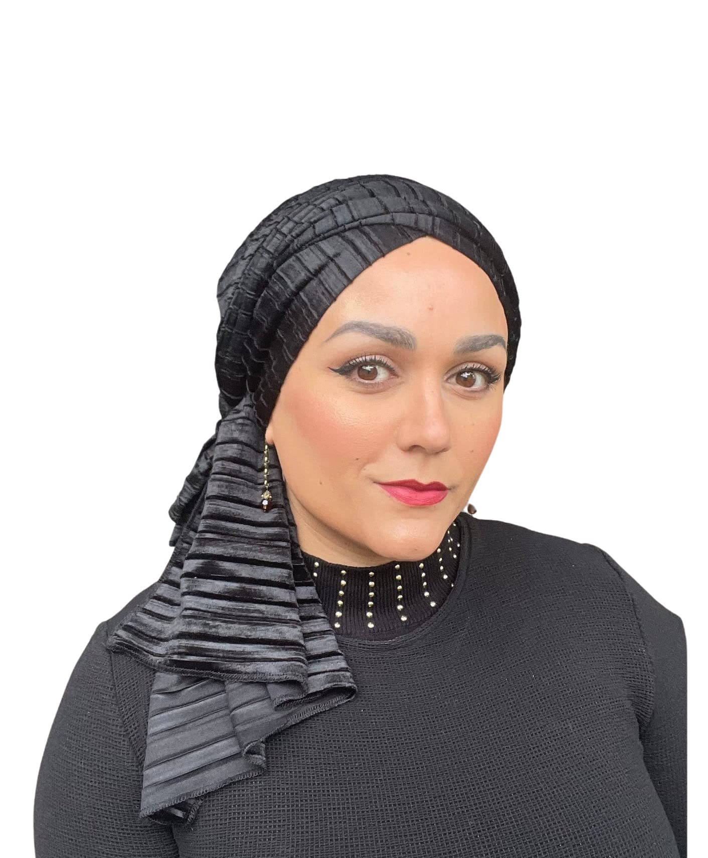 Head Wrap for Women, Luxe Black Pleated Velvet Headscarf Turban, Hijab Scarf, Tichel, Chemo Headwear, Cancer Gift, Soft African Headwrap