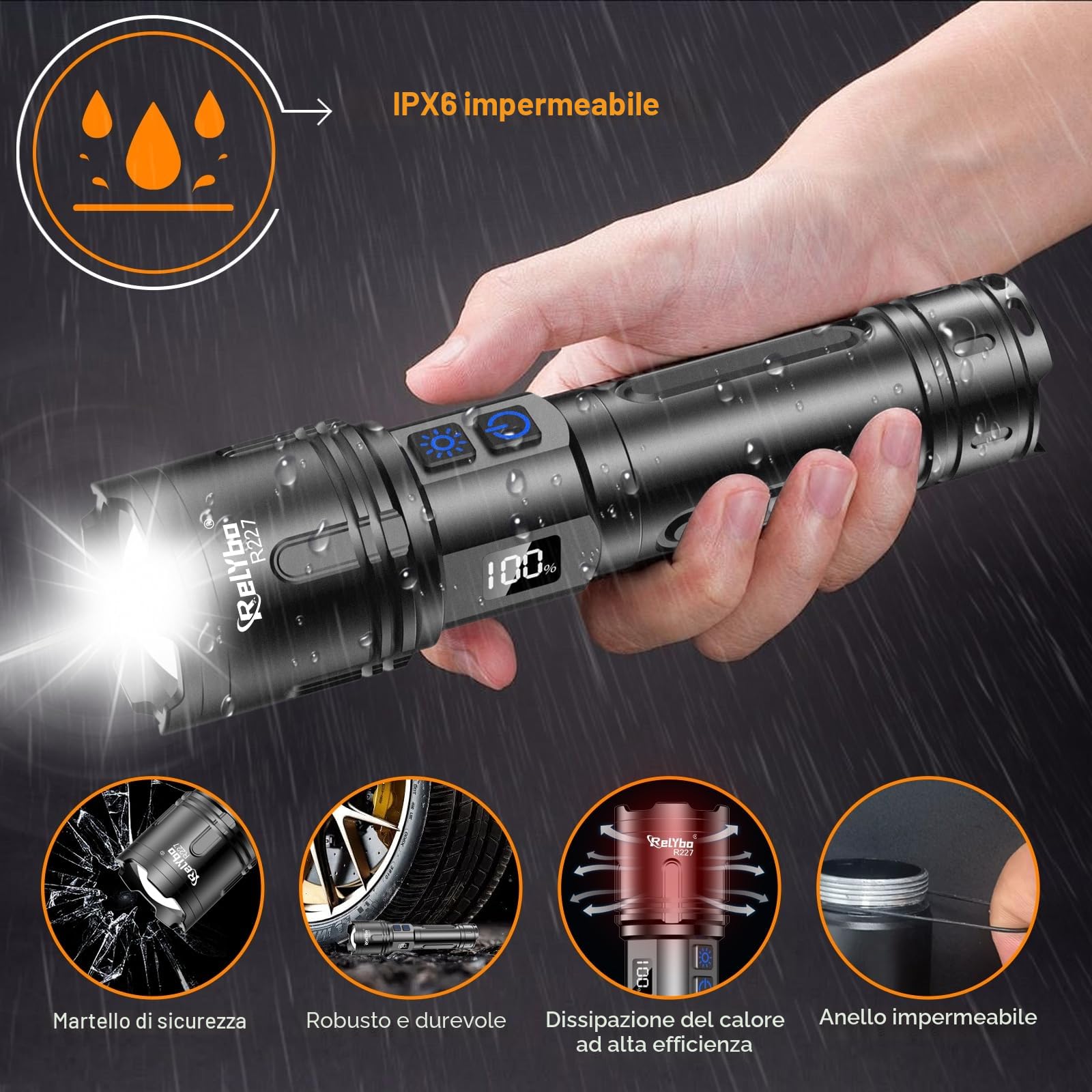 Relybo XHM90.2 Torcia LED 1,000,000 Lumens Ricaricabile USB C Dimmerabile Tattica