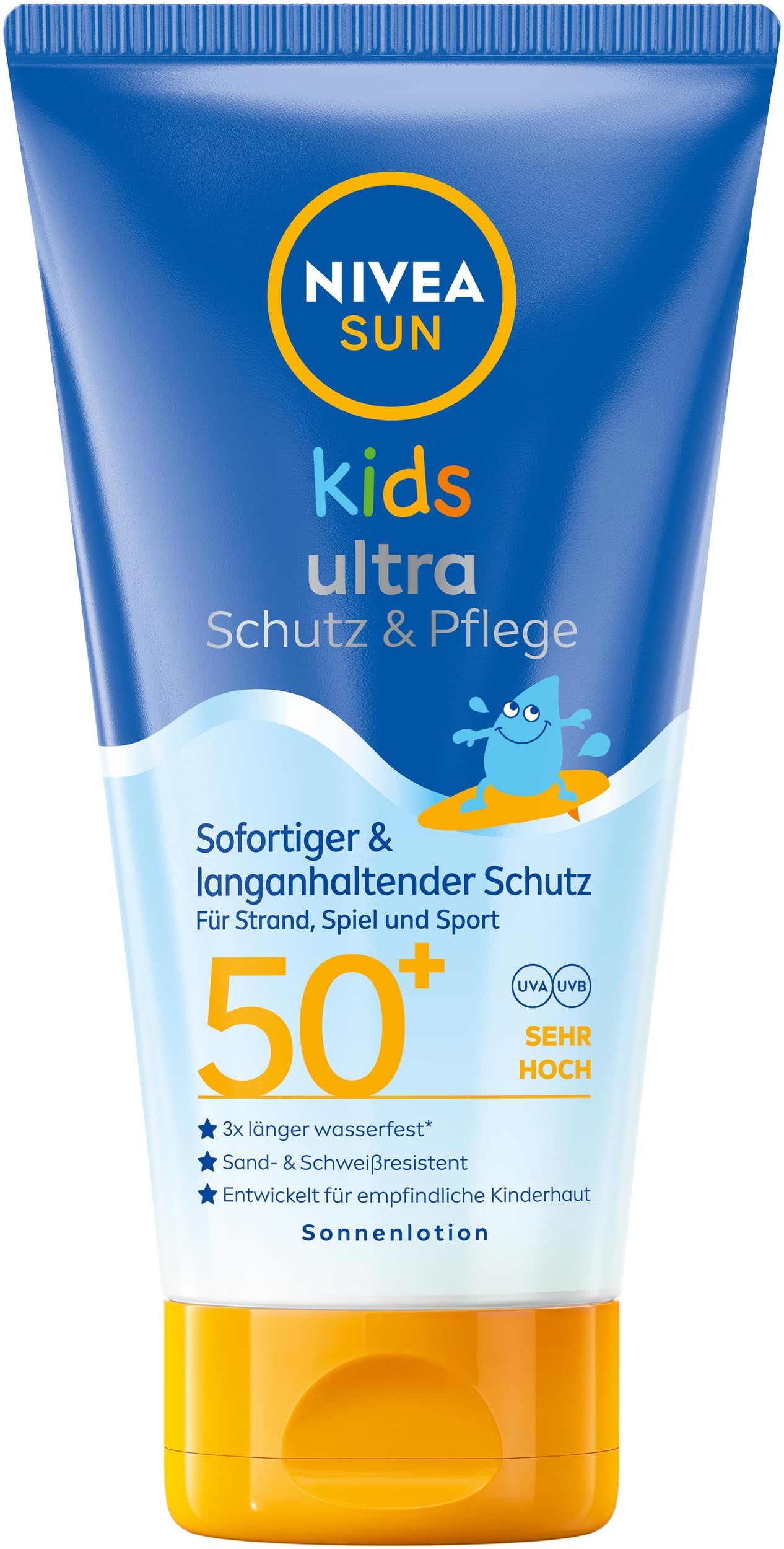 NIVEA SUN Kids Sonnencreme, sofortiger & langanhaltender Sonnenschutz für Kinder, wasserfest, sand- & schweißresistent, Ultra Schutz & Pflege Sonnenlotion mit LSF 50+ (150 ml)