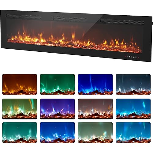 EUHOMY 72 Inch Electric Fireplace Wall Recessed and Wall Mounted with Adjustable Flame Color, Fireplace Heater with Remote Control, Linear Fireplace with Timer, Touch Screen, Log & Crystal, 750/1500W