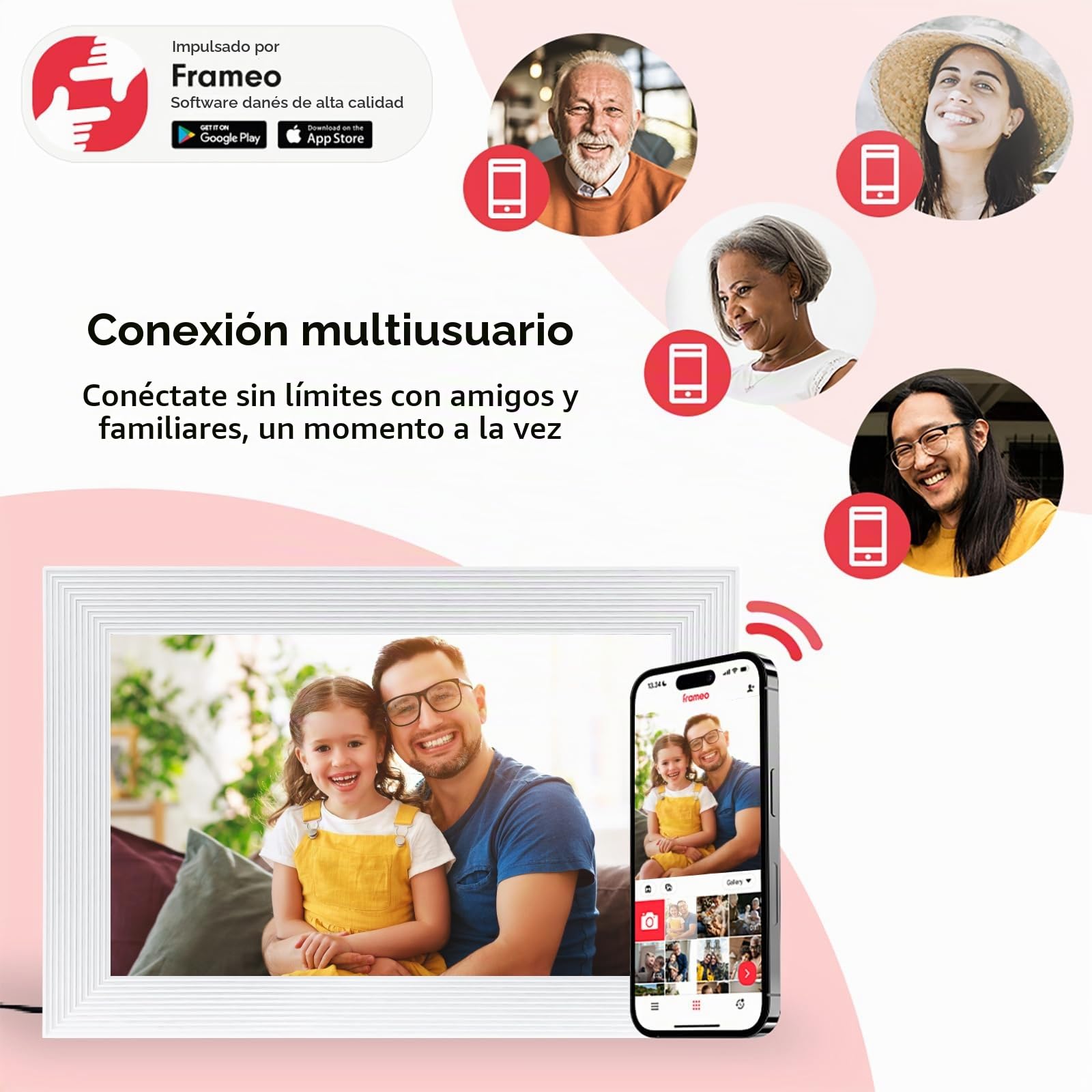 Frameo White - Marco de fotos digital inteligente WiFi de 10.1 pulgadas, marco de fotos digital Wi-Fi con almacenamiento de 32 GB y ranura SD, marco de fotos electrónico, pantalla táctil IPS con