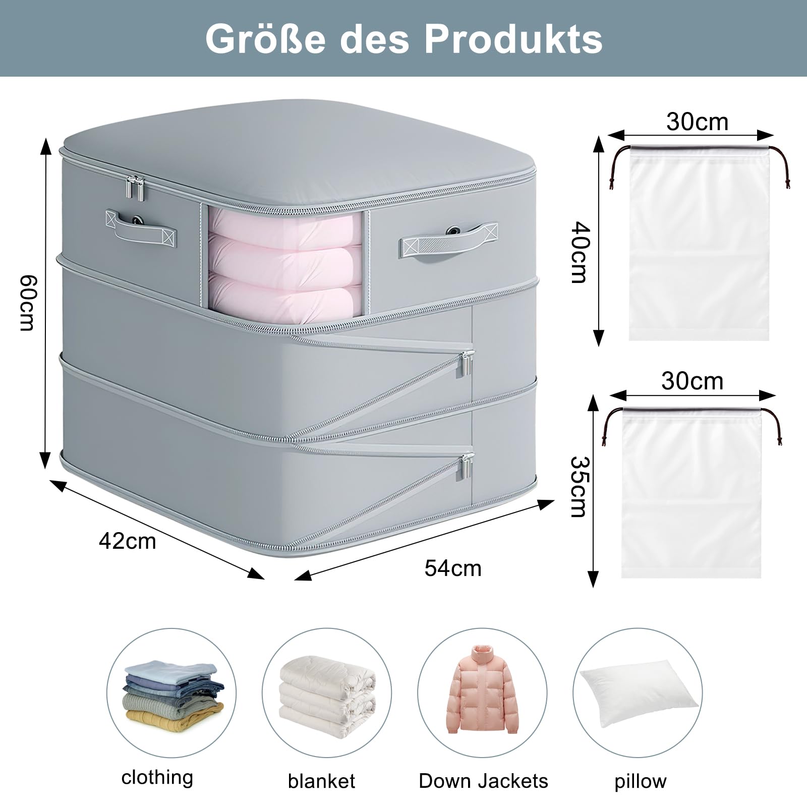 APOMOONS Platzsparender Selbstkomprimierender Organizer, mit 2 Schuhbeutel, Aufbewahrungstasche, Ultra Kleidung Bettdecken Kompression Kompressionsbeutel für Zuhause, Umzug, Reisen 52x42x60cm