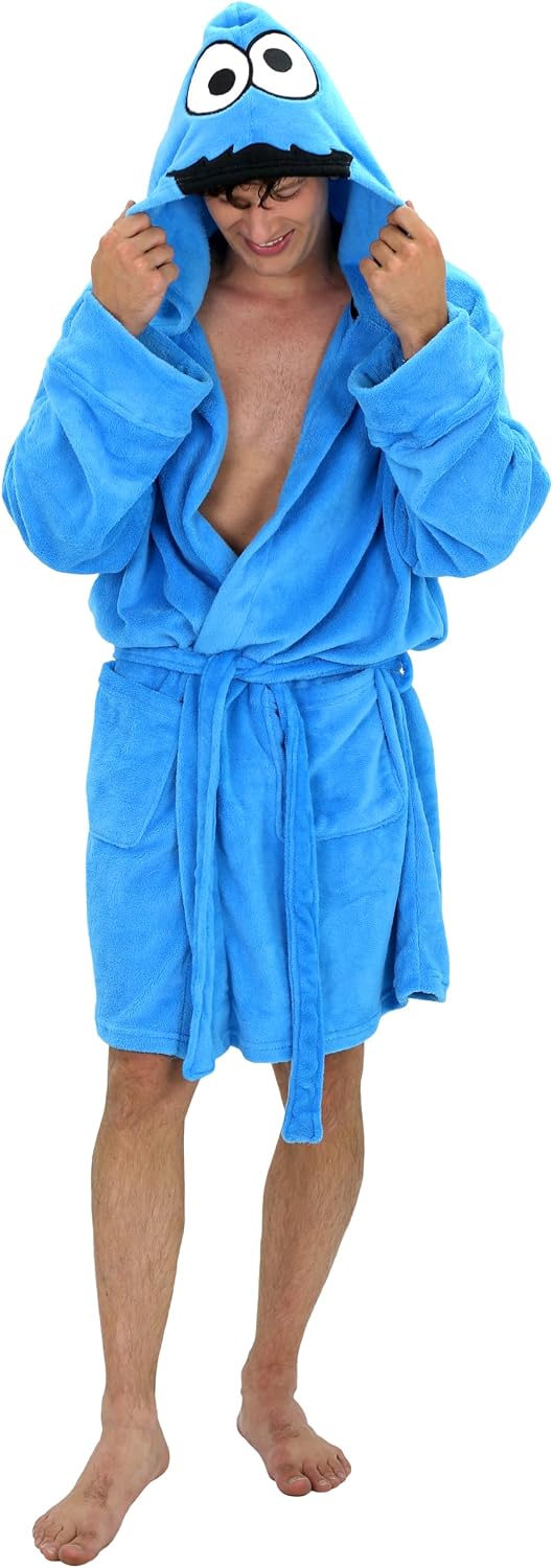 Sesame Street Cookie Monster Plush Robe for Adults, Fleece Bath Robe with Hood for Men & Women, Belt Tie, Pockets, S-M-L-XL