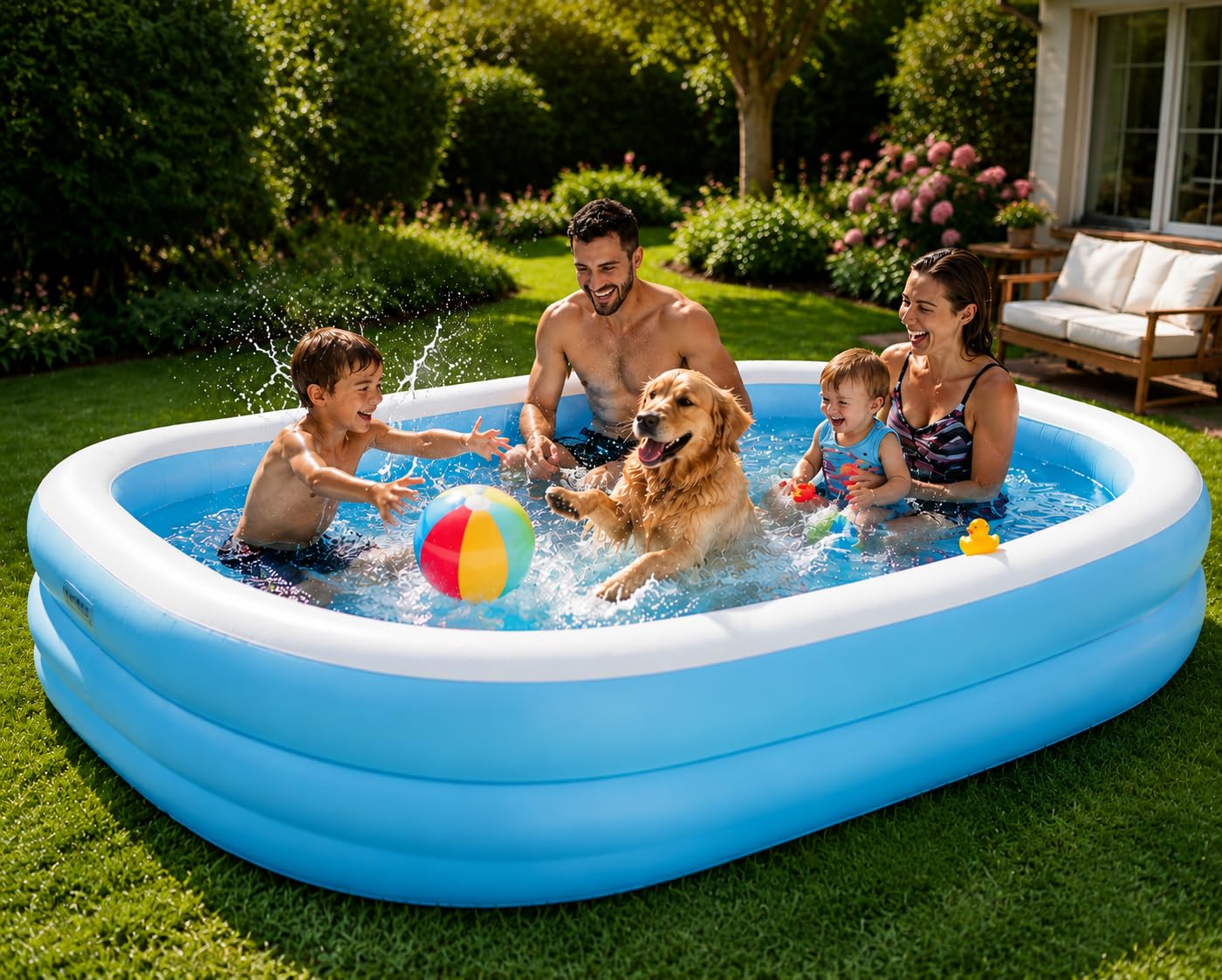 TrustBasket 10ft Large Inflatable Swimming Pool for Adults & Kids | Rectangular Family Pool | Electric Pump Included | 7P Free PVC | Blow Up Bathtub | Outdoor Garden Summer Use-image-25