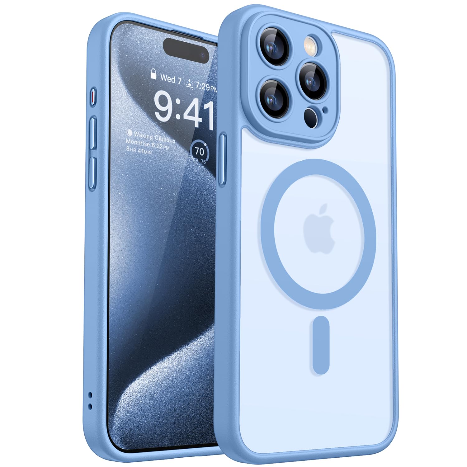 CANSHN Cover Magnetica per iPhone 15 Pro, Compatibile con MagSafe, [Protezione Completa Della Fotocamera], Custodia Traslucida Opaca Protettiva Sottile Antiurto 6,1 Pollici - Azzurro