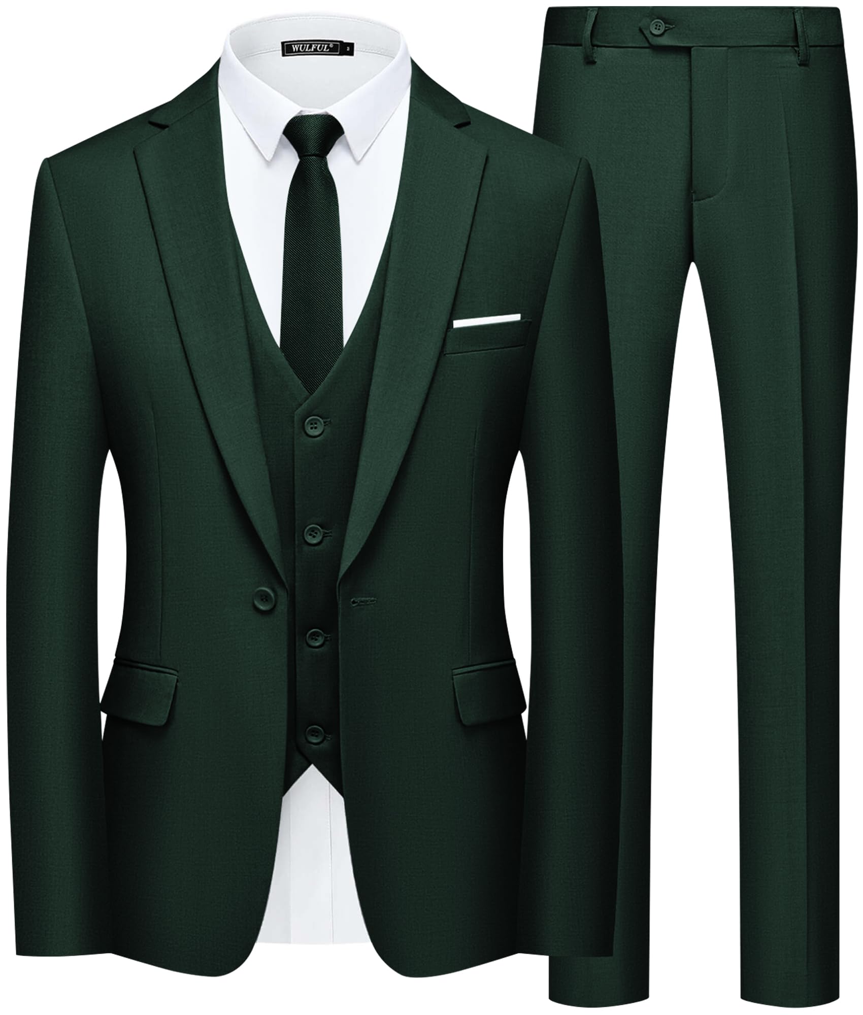 WULFUL Men’s Slim Fit Suit One Button 3-Piece Blazer Dress Business Wedding Party Jacket Vest &amp; Pant