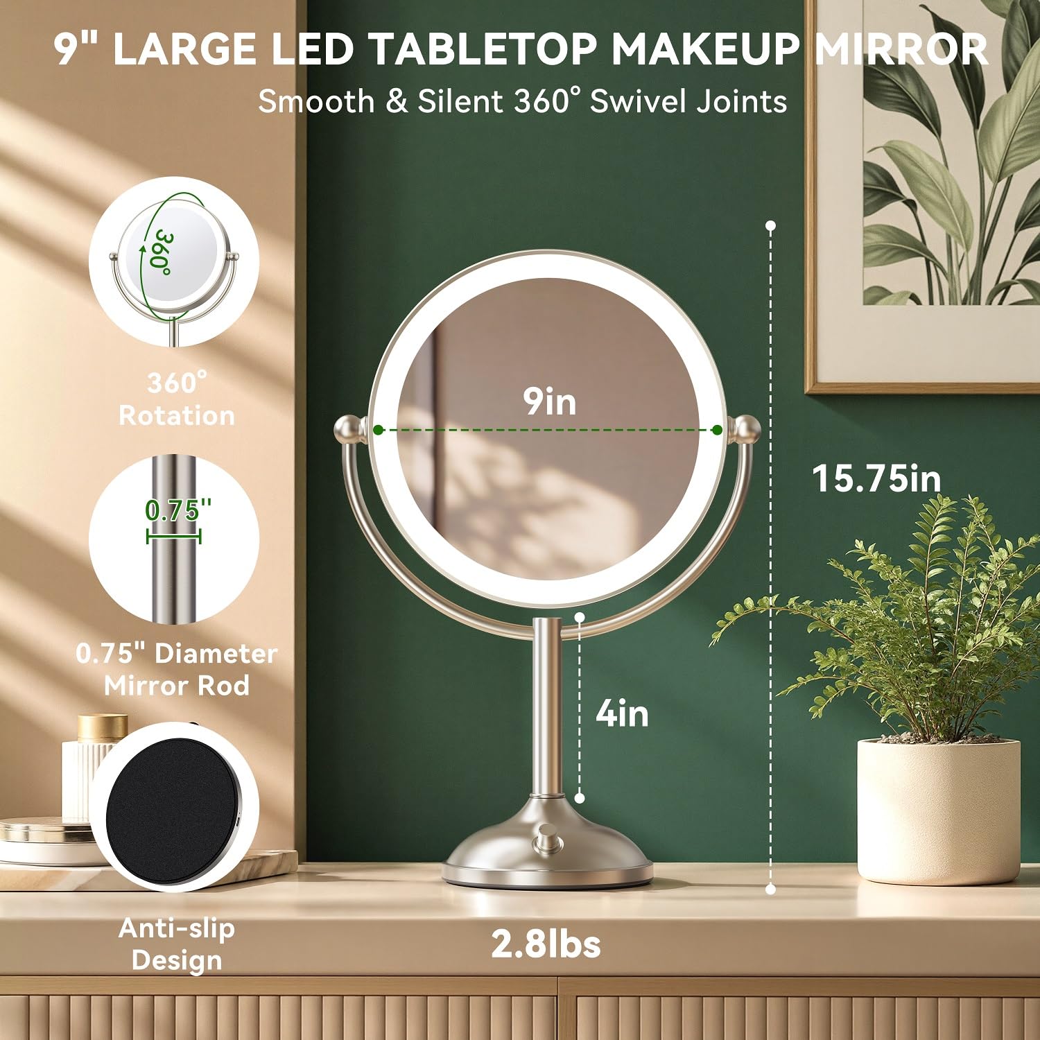 Auxmir Espejo de aumento de 9 pulgadas, 5000 mAh, espejo de maquillaje iluminado de 9 pulgadas 1X/30X | Batería recargable, 3 colores regulables, rotación de 360°, base estable, níquel cepillado, aumento de 30X con 2 pinzas