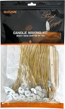 50 Pcs 8" Natural Candle Wicks,Pre-Waxed by Natural Beeswax & Tabbed with 60Pcs Candle Wick Stickers and 5 Pcs Wooden Candle Wick Centering Device, for Candle Making,Candle DIY