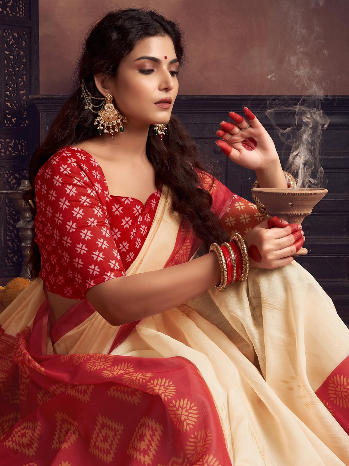 Satrani Women's Navratri Special Cotton Silk Printed Durga Puja Special Bengali Saree With Unstitched Blouse Piece (3877S163N_Cream & Red1)