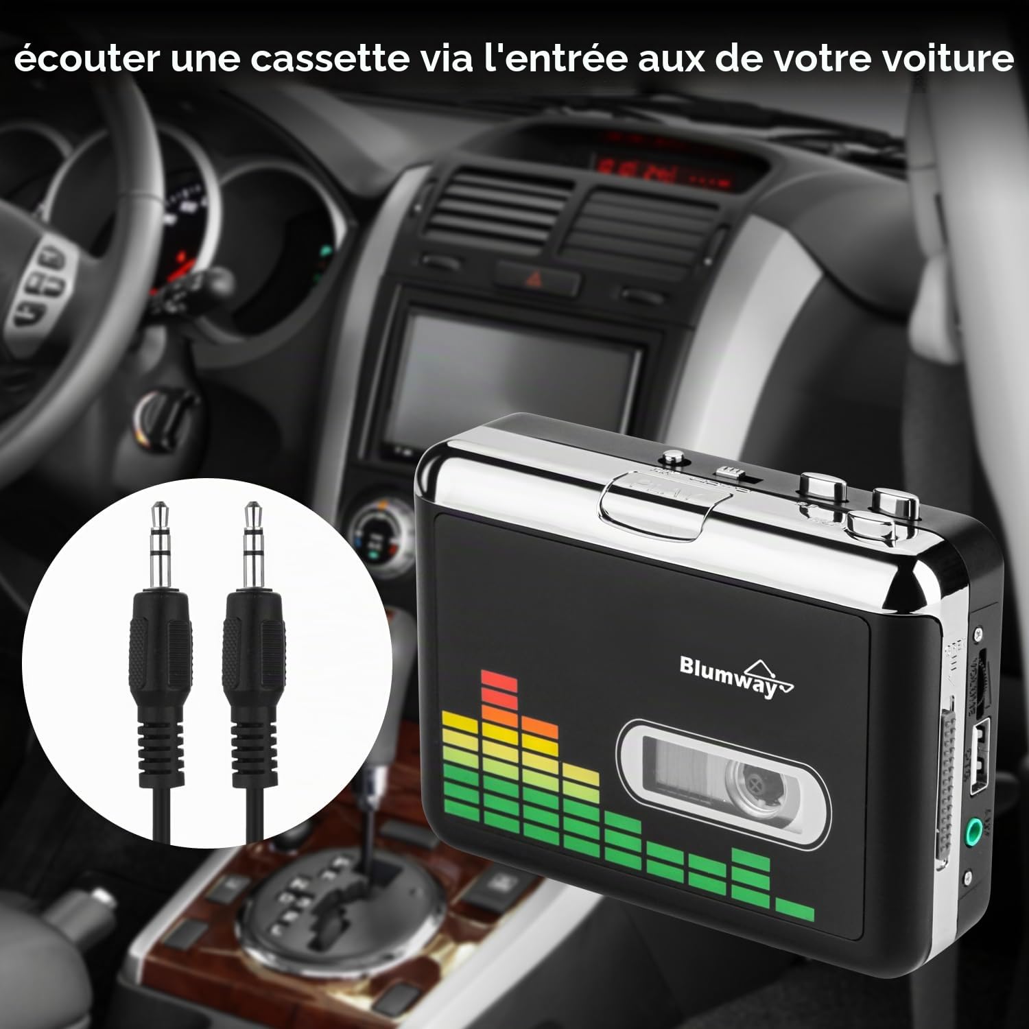 BlumWay Convertisseur de cassette USB en MP3, lecteur de cassette portable Convertisseur de cassette numérique Lecteur de musique audio Convertisseur de cassette avec casque et étui de transport