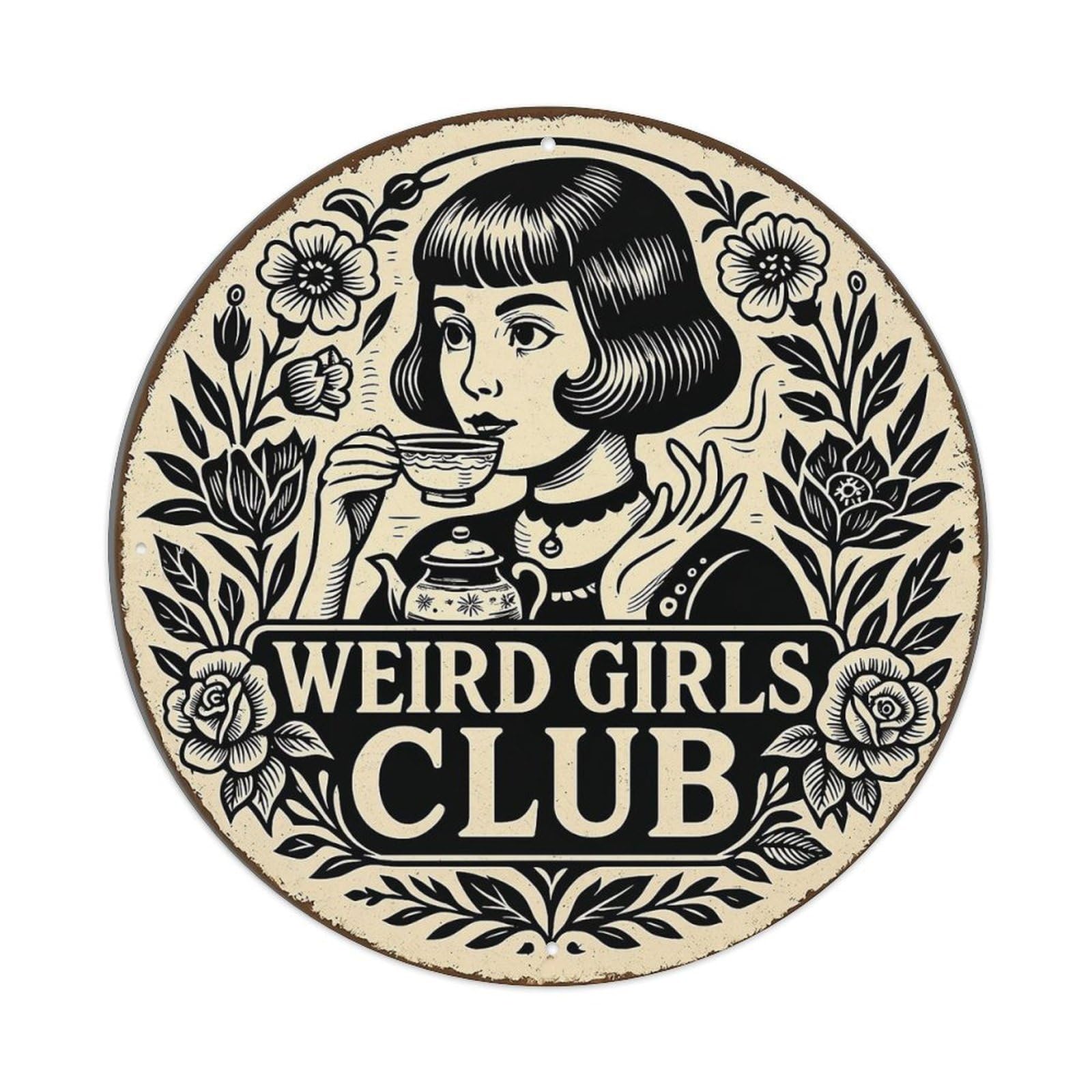 Weird Girls Club Vintage Floral Retro Metal Tin Sign, Vintage Metal Poster for home, Gaming Room, Studio Workshop,Bar,Garage Wall Art Decor 8x8 inch