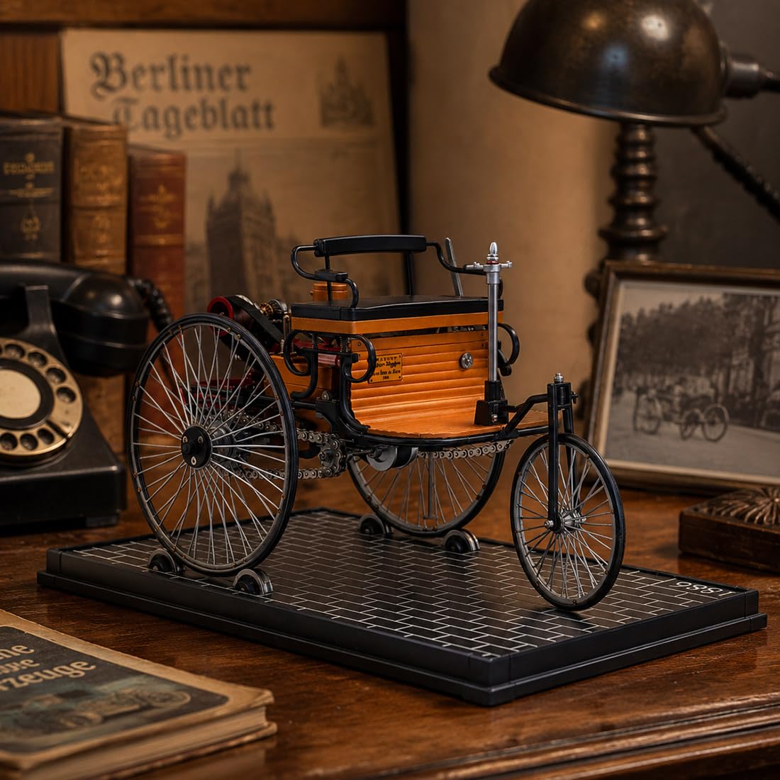 Auto a tre ruote vintage di prima generazione in metallo, auto elettrica meccanica in metallo, kit fai da te, kit educativo da collezione (oltre 430 pezzi)