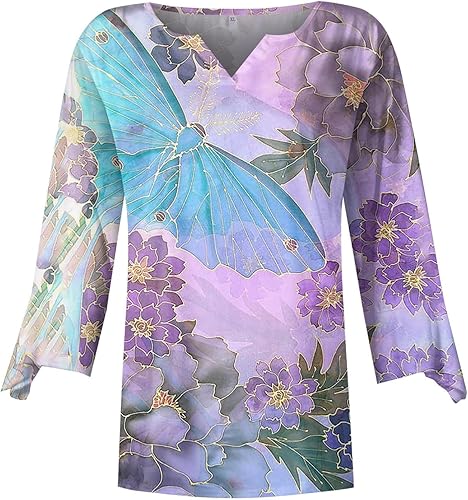 Miniatura 4 de Blusa casual para mujer, holgada, informal, con cuello en V, estampado de campana, manga 34