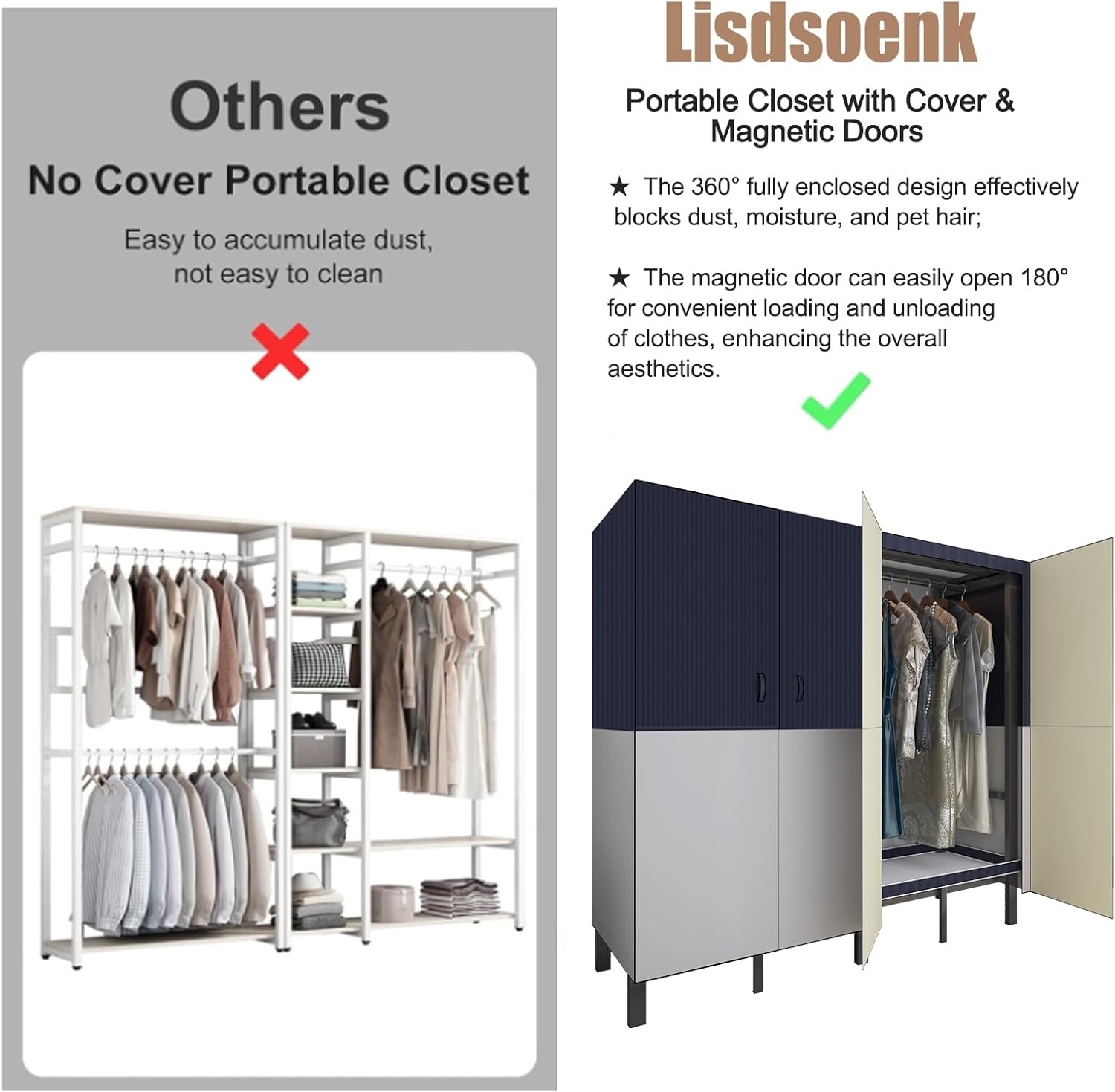 Heavy Duty Clothes Rack with Cover & Magnetic Doors, 1500lb Portable Wardrobe Closet - Foldable Freestanding Garment Rack for Bedroom, Large Storage for Hanginng Dresses Jackets (Blue, 70.8IN)