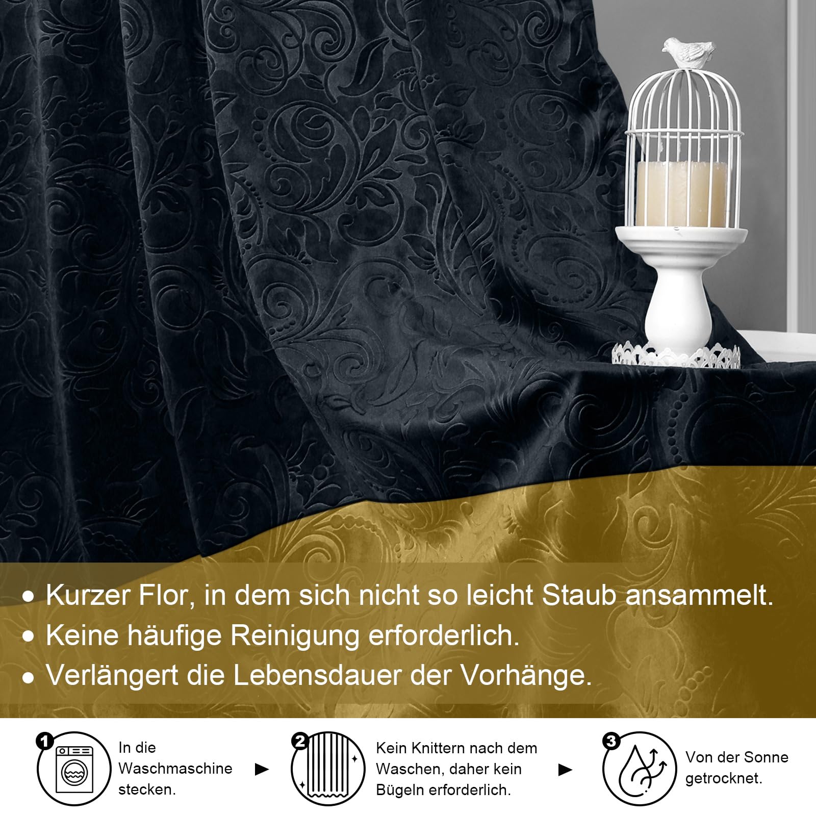 Samtvorhang Kräuselband 2er Set, H274xB132CM 260gsm Samt Verdunklungsvorhänge mit Blumenprägung, Multifunktionsband Blickdicht Gardinen Velvet für Wohnzimmer, Schlafzimmer(Schwarz und Gold)
