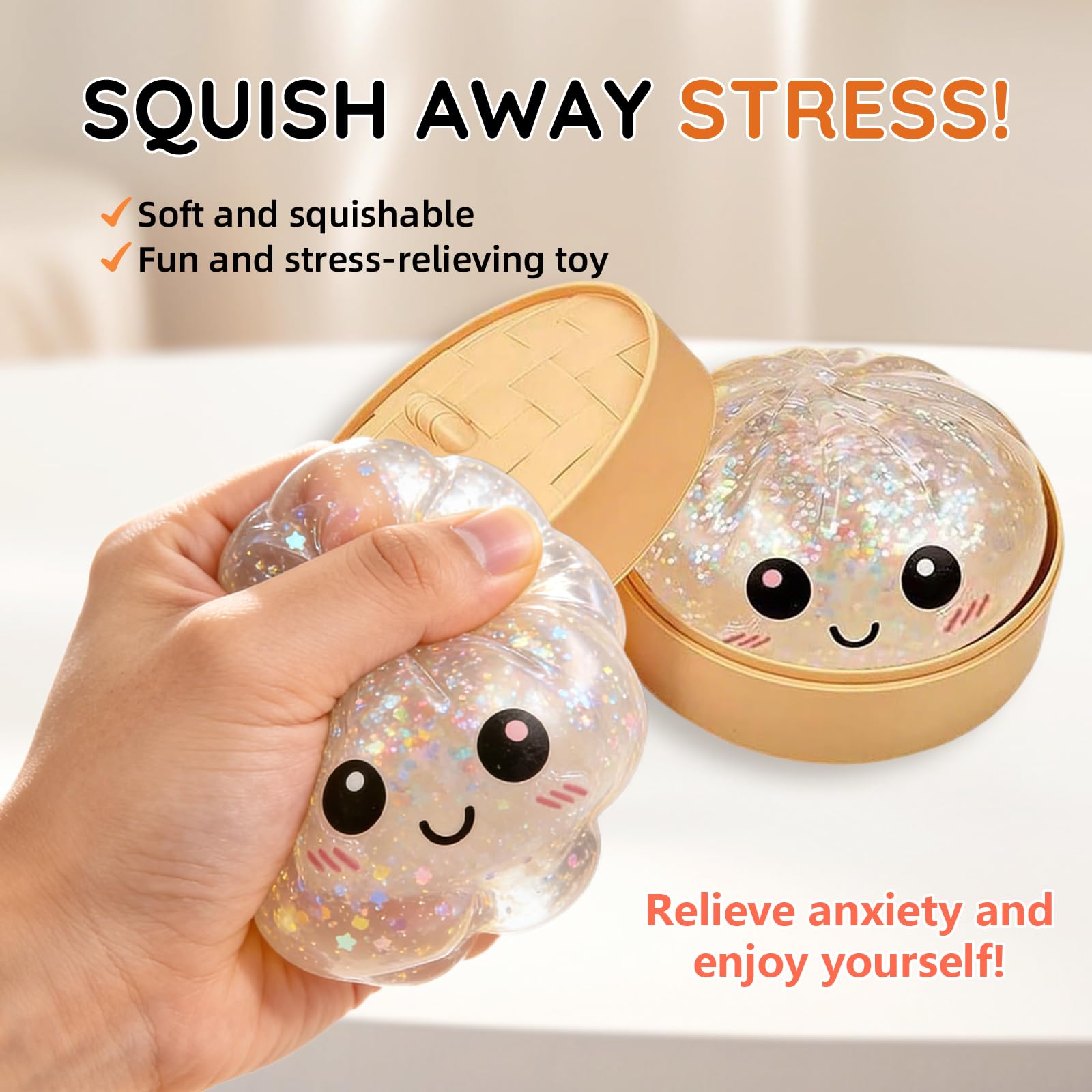 Set di 12 dumpling squishy glitterati, a forma di gnocchie, Squishy Dumplings Mystery Box, giocattoli sensoriali scintillanti, giocattoli flessibili in TPR Fidget con confezione per cottura a vapore