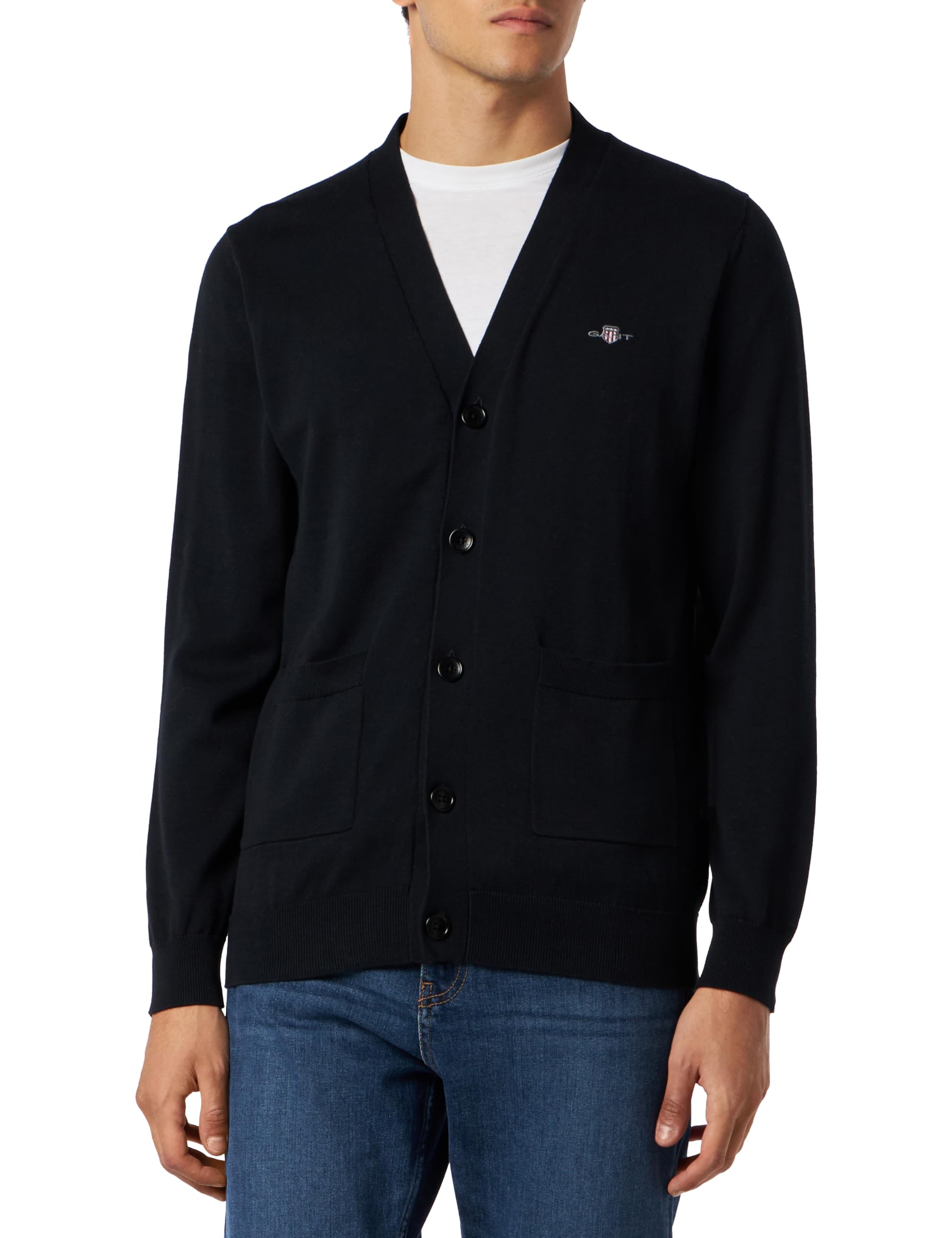 GANT Men's Classic Cotton V-Neck Cardigan, Black, M