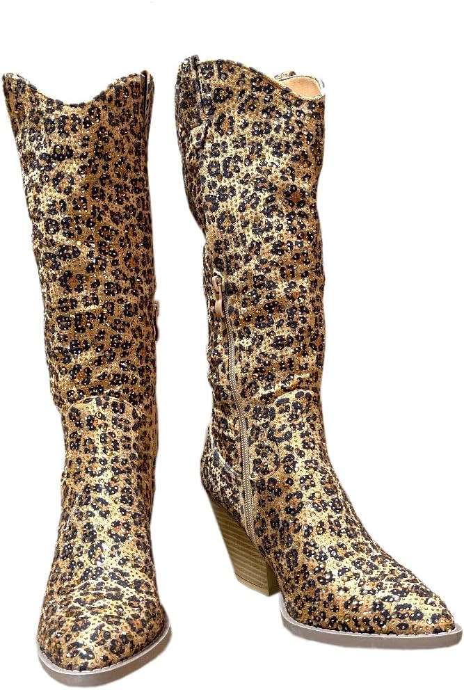 ABSOLEX Women Western Cowgirl Cowboy Pointed Toe Rhinestone Knee High Boots - 第 12/64 張圖片