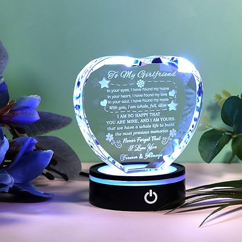 Miniatura 6 de YWHL Regalos para novia, romántico para mi novia, recuerdo de corazón de cristal con base LED colorida para novia, regalos de cumpleaños,