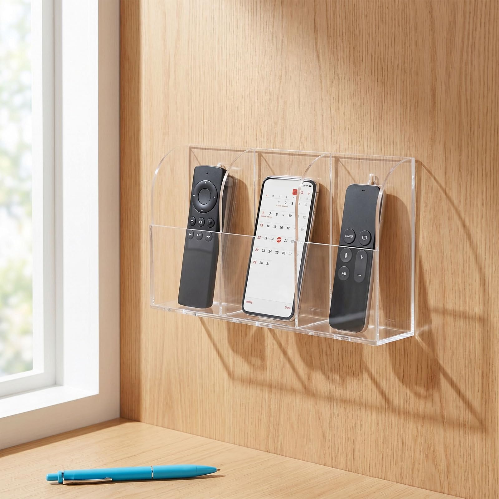 Lurrose 2 supporti trasparenti da parete per telecomando, supporto di ricarica per telefono in acrilico a 3 scomparti, scatola portaoggetti multifunzionale da appendere alla parete per casa, ufficio e