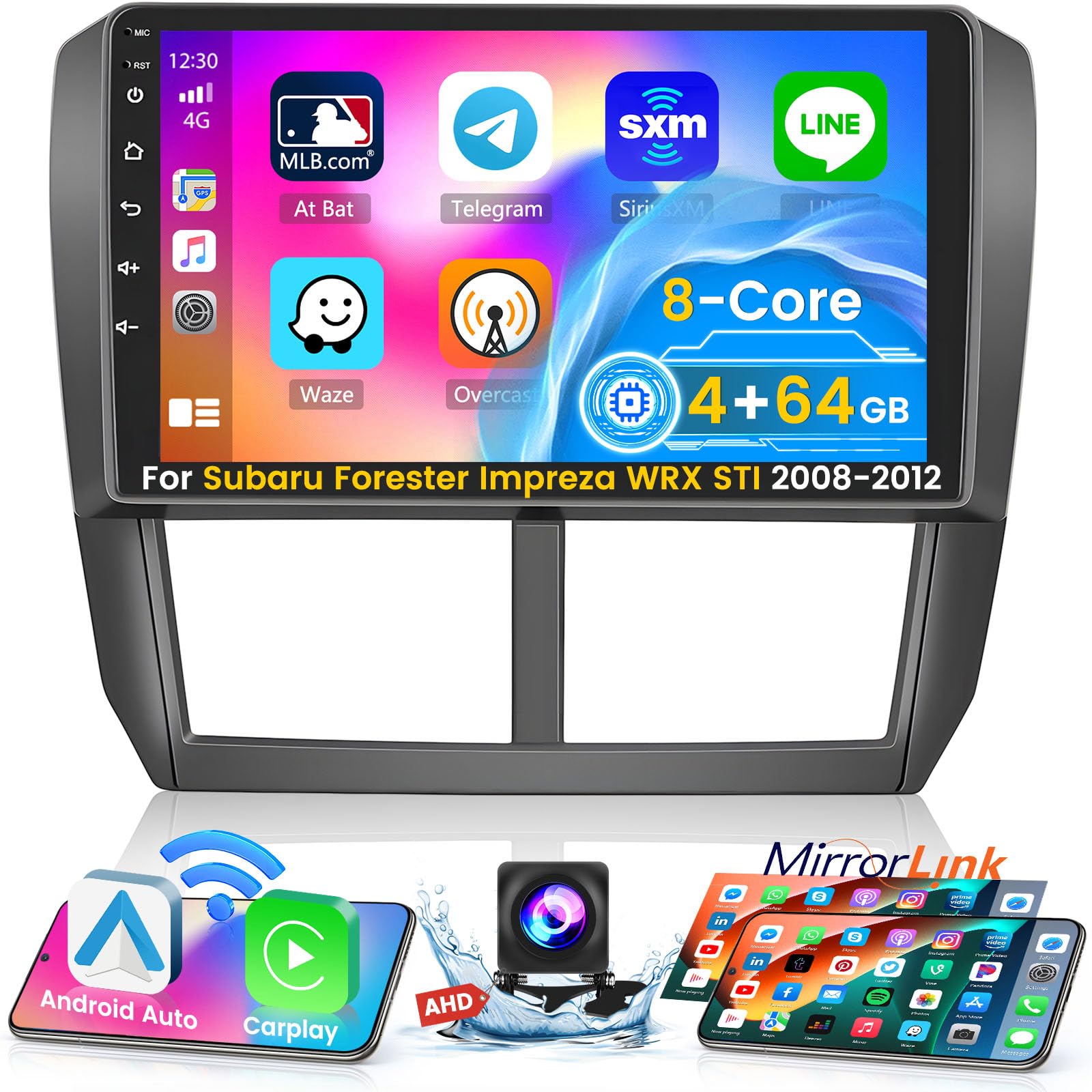 Roinvou 8 Cores 4+64G Android Radio Upgrade for Subaru Forester Impreza WRX STI 2008-2012, 9'' HD Touchscreen with Wireless CarPlay Android Auto GPS Navi WiFi Backup Camera Mirror Link BT Mic FM RDS-image-15