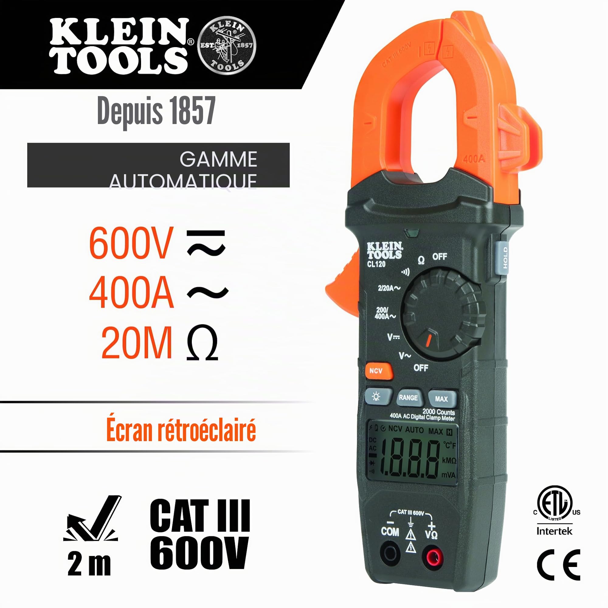 Klein Tools CL120 Pince multimètre numérique 400 A AC/DC sans contact Orange