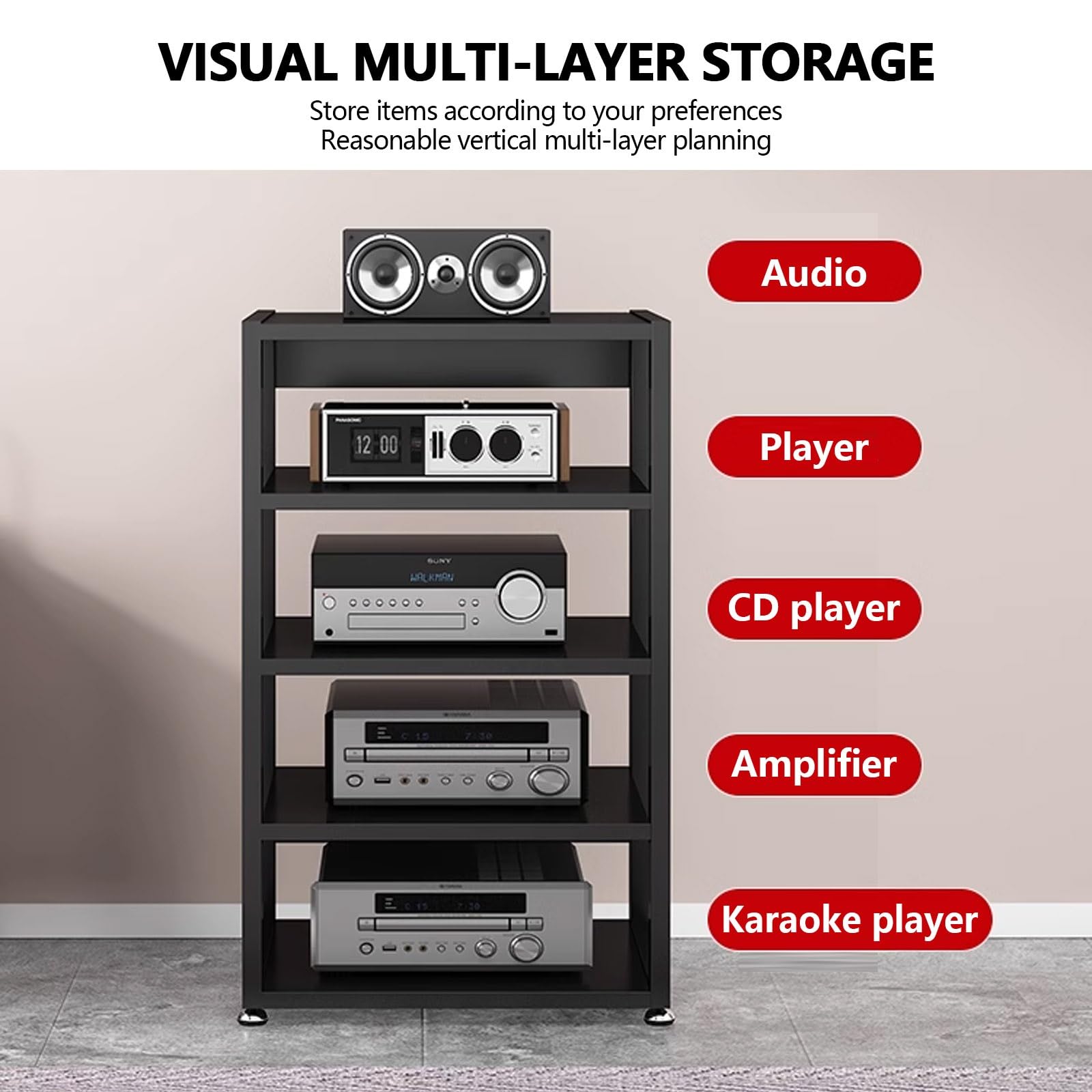 Dormitorio DVD Parlantes estantes, moderno Estante Almacenamiento Componentes Estéreo, Gabinete Almacenamiento Medios, multicapa Estantes Audio Video, sala de estar almacenamiento medios gabinete.