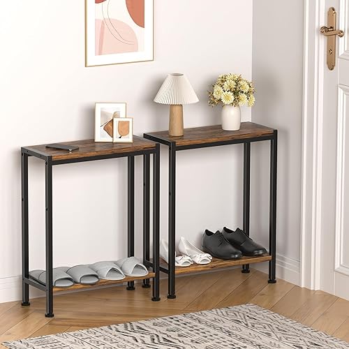 Miniatura 6 de Mesa auxiliar estrecha para espacios pequeños, mesa auxiliar pequeña de 2 niveles con soporte para estantes, mesita de noche delgada, mesa de sofá