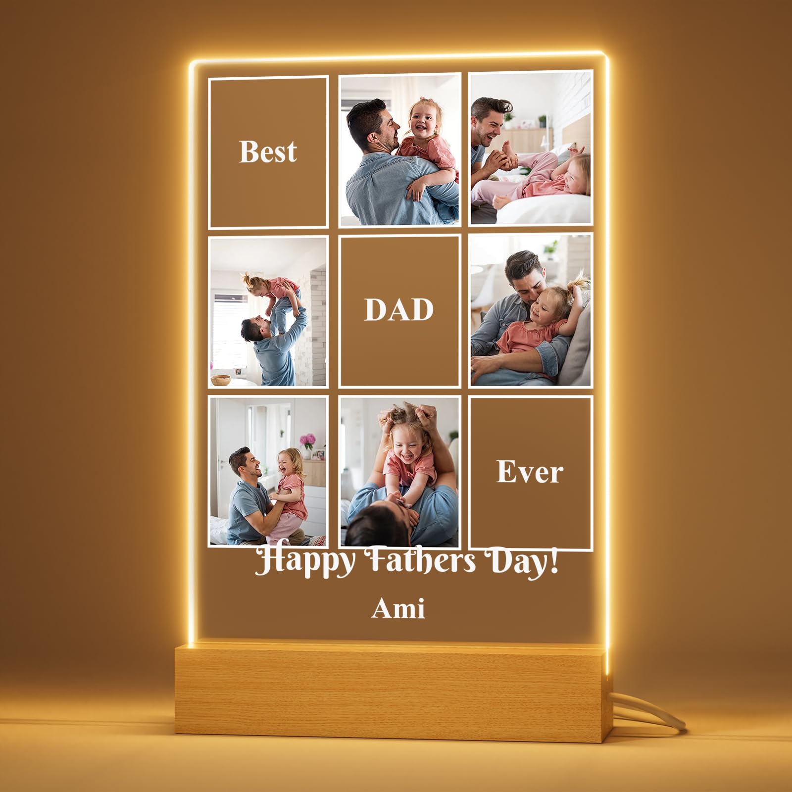 Bemaystar Personalised Father's Day Gifts for Dad: Customised Text Night Light with Picture Frame, Dad Gifts from Daughter Son Wife