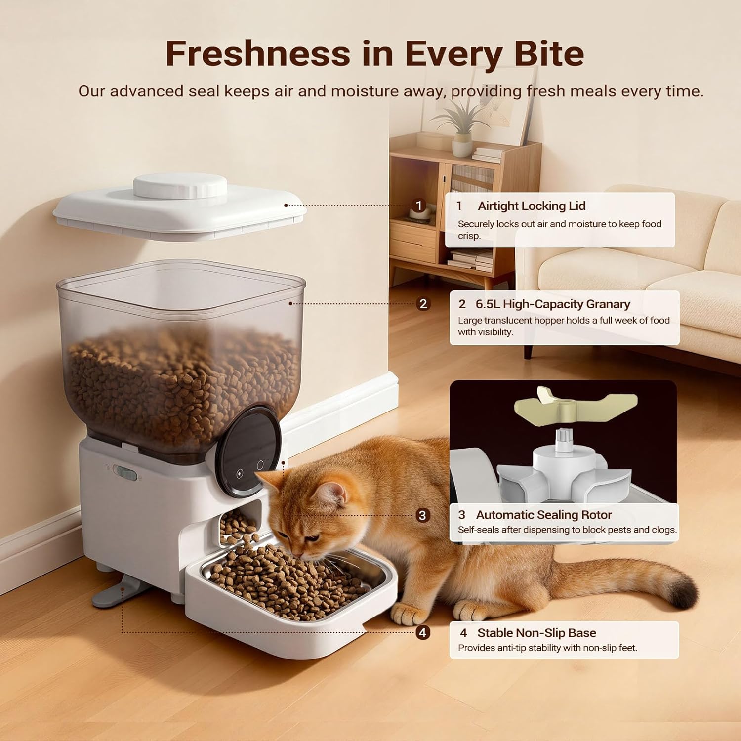 6.5L Automatic Cat Feeder, Smart Pet Food Dispenser for Cats & Dogs, 2.4G WiFi Enabled, Freshness Preservation, Anti-Clogging Design & Dual Power Supply