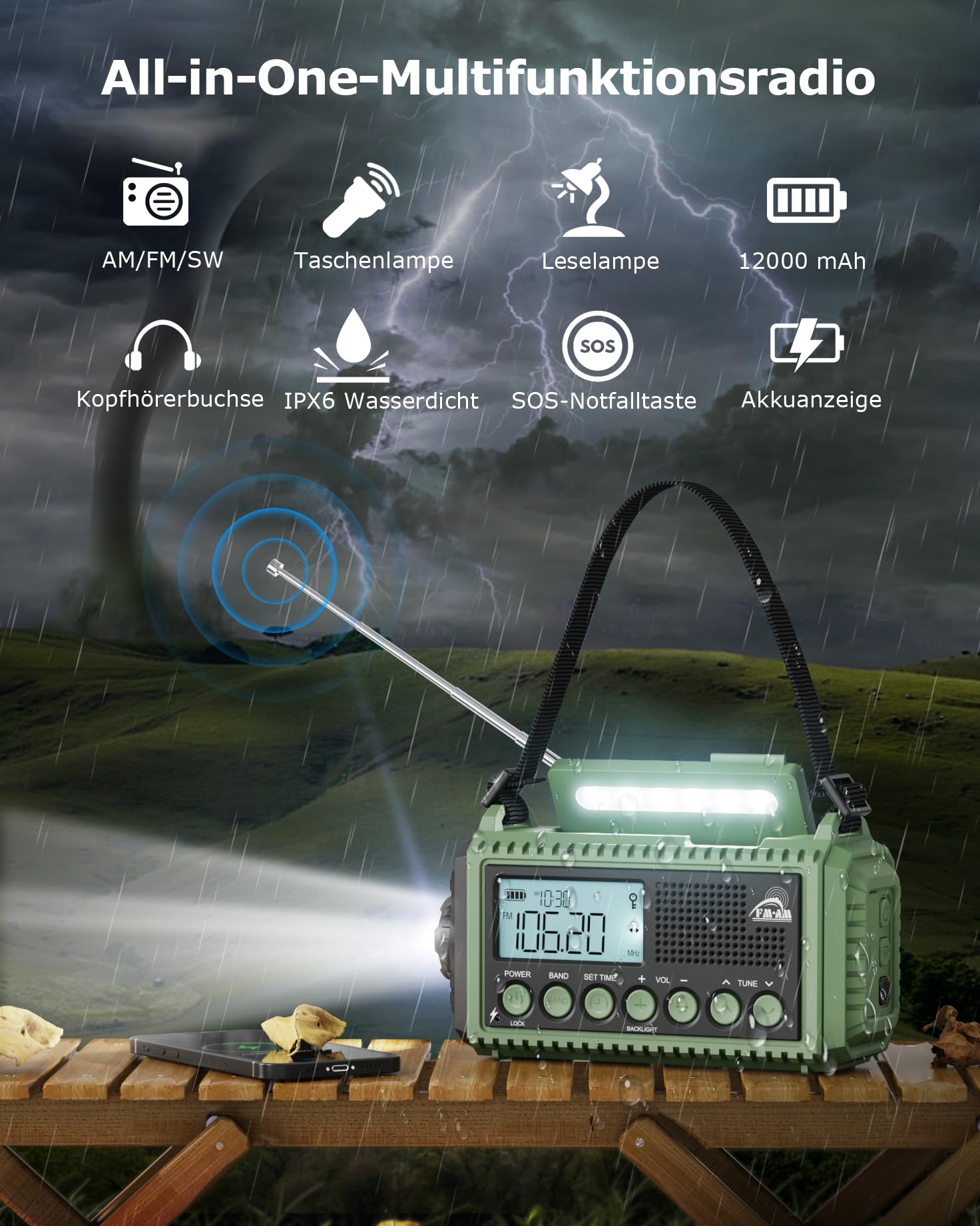 Roxicosly Radio d'urgence à manivelle AM/FM/SW - Radio solaire portable avec batterie de 12000 mAh - Écran LCD - Lampe de poche et lampe de lecture - USB - Alarme SOS, manivelle - Équipement d'urgence
