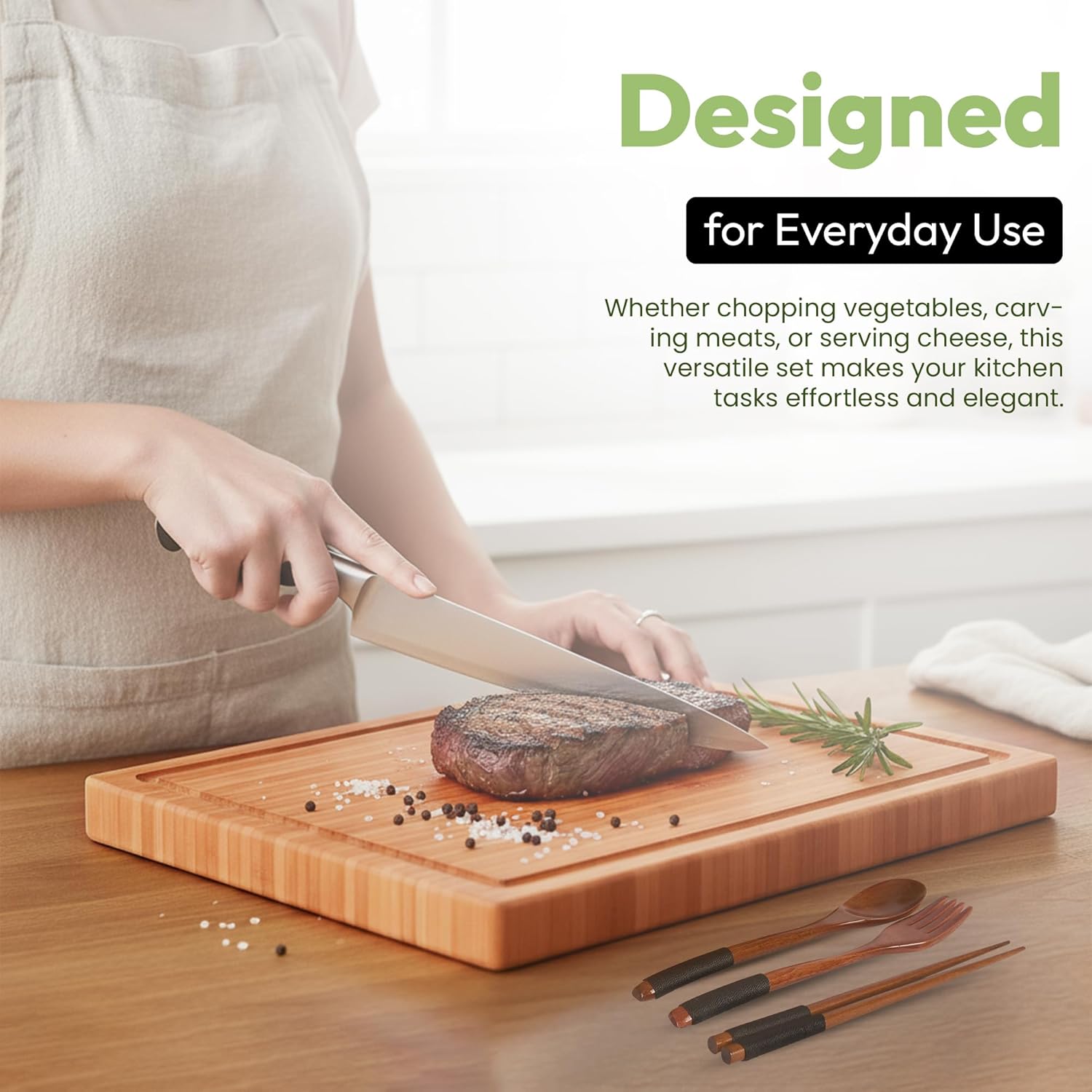 GREVA 3-Piece Premium Bamboo Cutting Board Set with Juice Grooves & Non-Slip Feet | XL, M, S Wood Chopping Boards for: Meat, Vegetables & Charcuterie | INCLUDES 3-in-1 Kitchen GREVA wooden cutlery Set