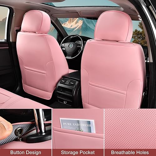Miniatura 4 de Fundas de asiento delantero de coche color rosa con reposacabezas, cuero transpirable, 1 par de ajuste universal para sedanes, SUV, camiones