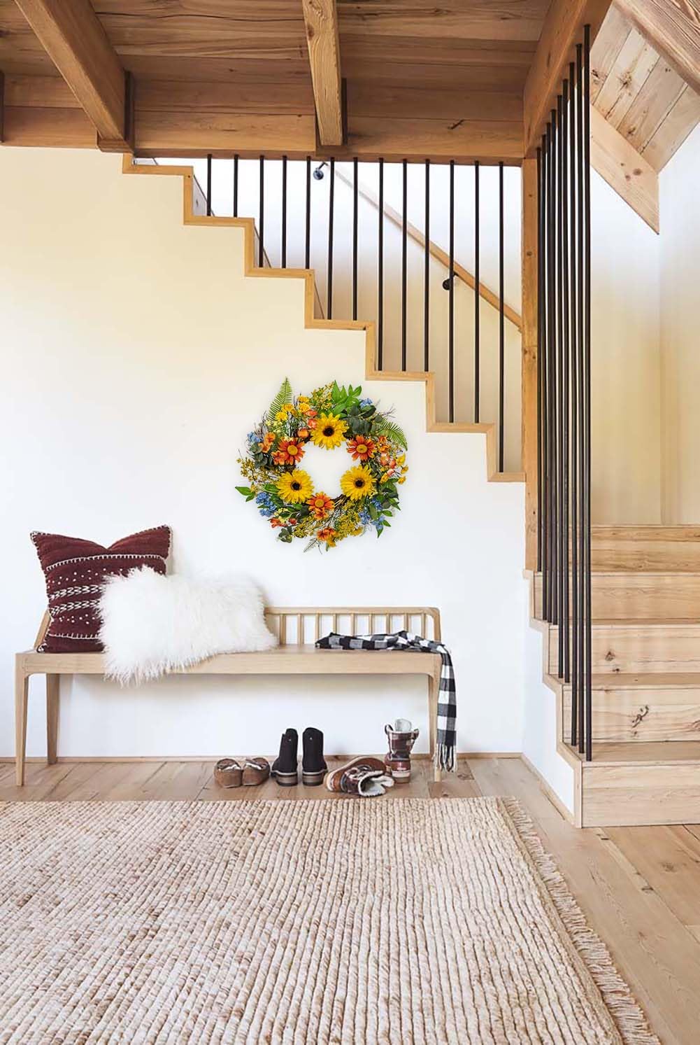 Künstliche Sonnenblume Blumenkranz Türkranz Blumenkranz Deko groß Ø45cm Türkranz Wandkranz Frühlingsdeko für Frühlings-Sommer-Osterdekoration, Zuhause, Parties, Türen, Hochzeiten