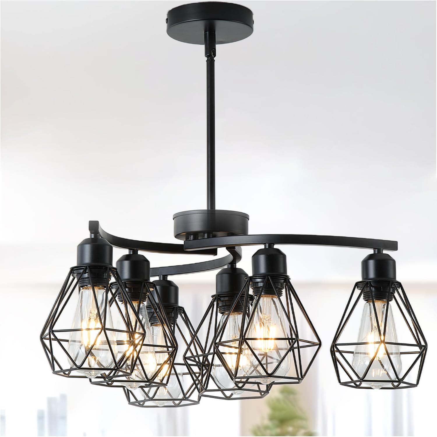 6-Light Black Chandelier,Farmhouse Chandelier for Dining Room Light Fixtures Over Table,21.7" Industrial Hanging Pendant Lighting with Metal Cage Shade for Kitchen Island Entryway Foyer Bedroom