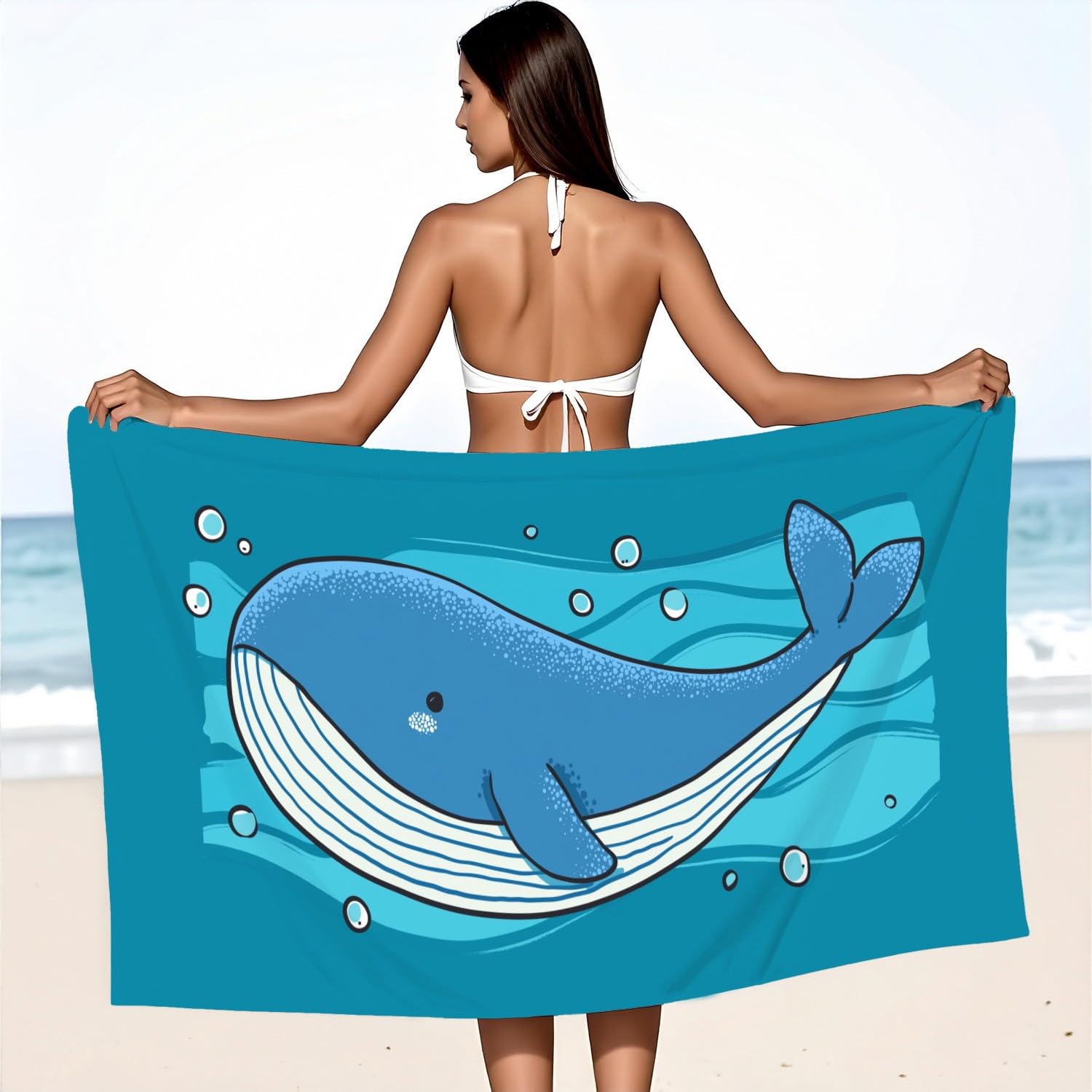 Retro, interessant Strandtuch 230 x 210 cm - Strandtuch trandtuch Leichtdünn Weich Strandtuch Cartoon, Blauwale, Wasserströmungen,für Strand, Pool, Yoga, Picknick