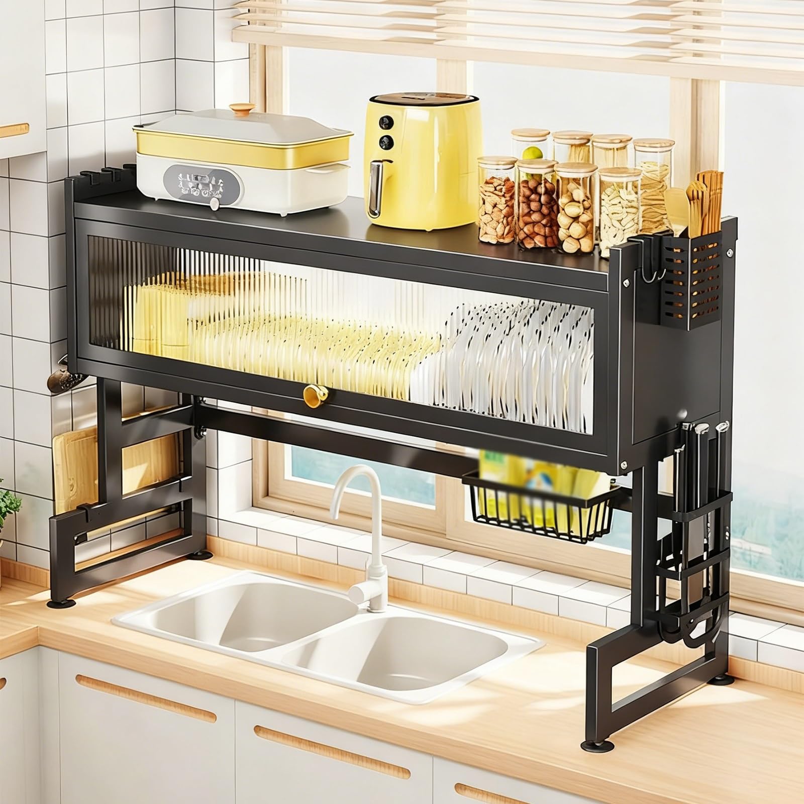 Escurridor de platos sobre el fregadero, organizador grande de encimera de cocina con cubierta y soportes para utensilios, para platos, vasos, cuencos, cubiertos
