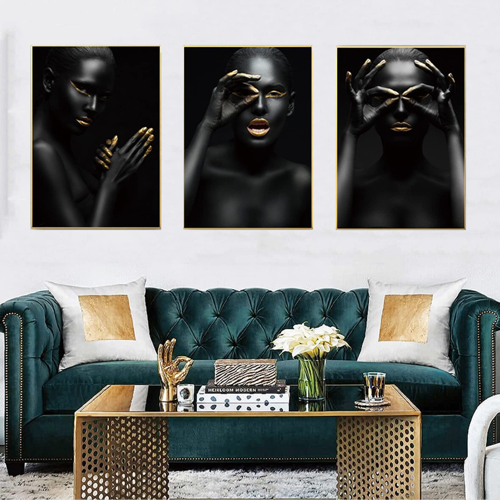 UGZDEA African Woman Canvas Pictures, Set of 3, Gold Collection, Black Women's Poster, Modern Decoration Poster, No Framed(3x60x90cm,F) โ image 1