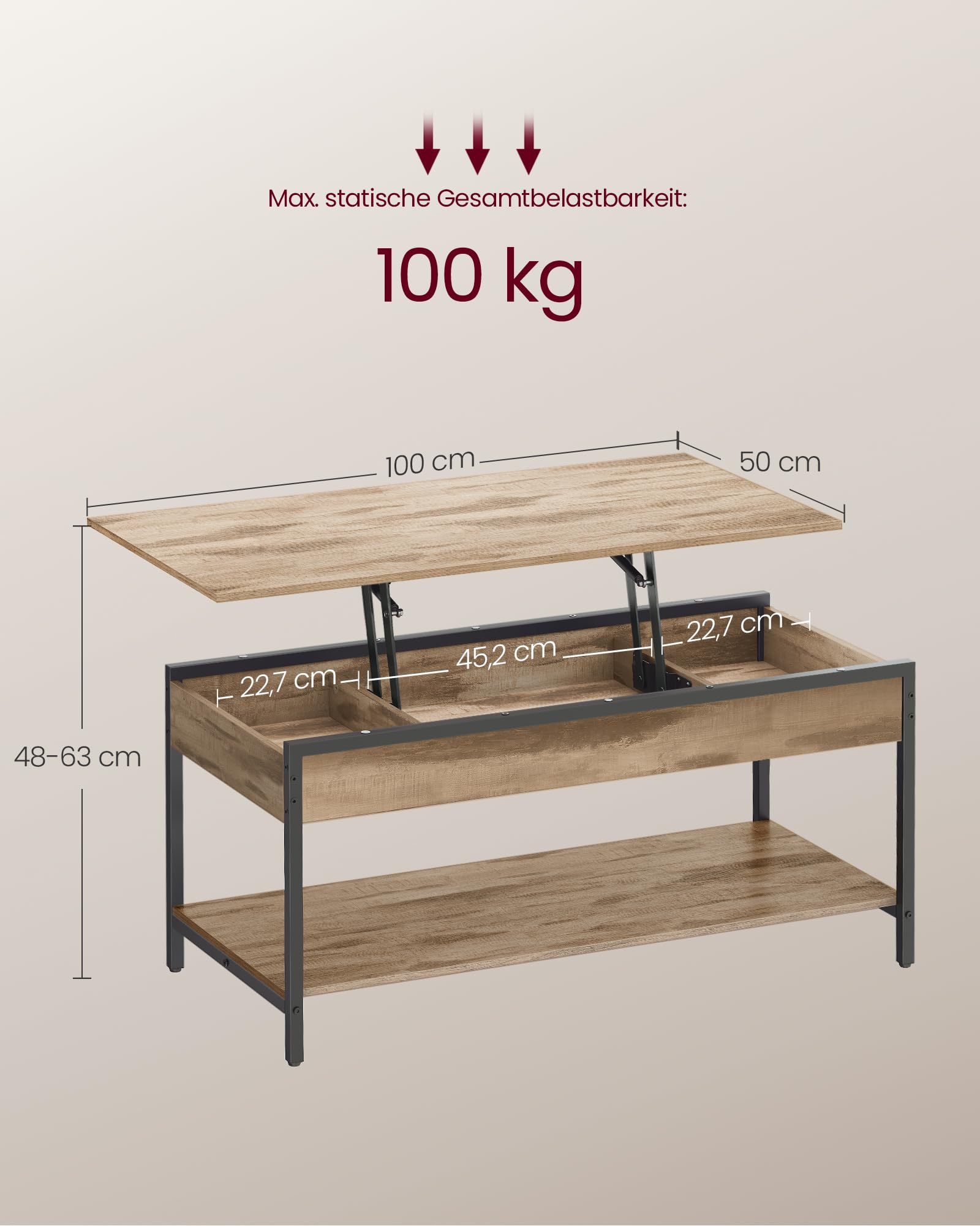 VASAGLE Couchtisch, höhenverstellbarer Wohnzimmertisch, Kaffeetisch, mit offenem Fach und versteckten Fächern, 50 x 100 cm, Kamelbraun-tintenschwarz LCT261LB02