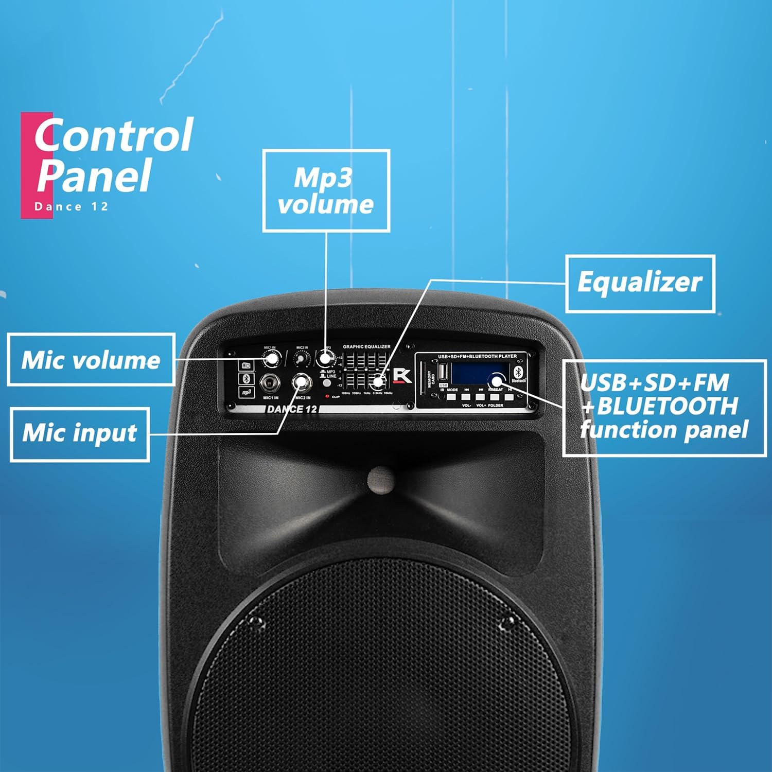 PRORECK Dance 12 Portable 12-Inch 1000 Watts 2-Way Powered PA Speaker System Combo Set with Bluetooth/USB/SD Card Reader/FM Radio/Remote Control/Speaker Stand for Party DJ Wedding Meeting - Image 3