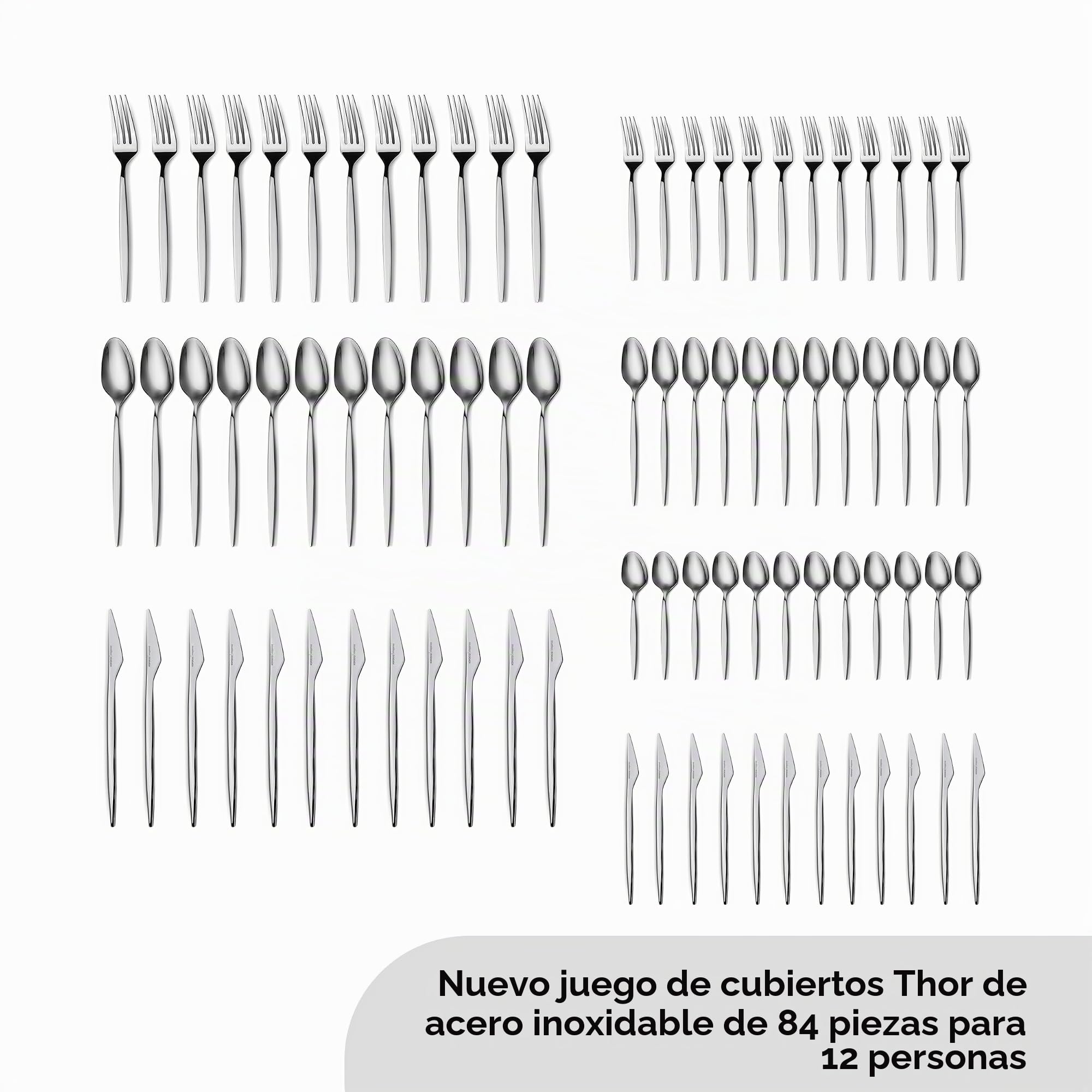 Karaca Thor - Juego de cubiertos para 12 personas (84 piezas, acero inoxidable, cuchillo, tenedor, cuchara, cuchillos brillantes y tenedores)