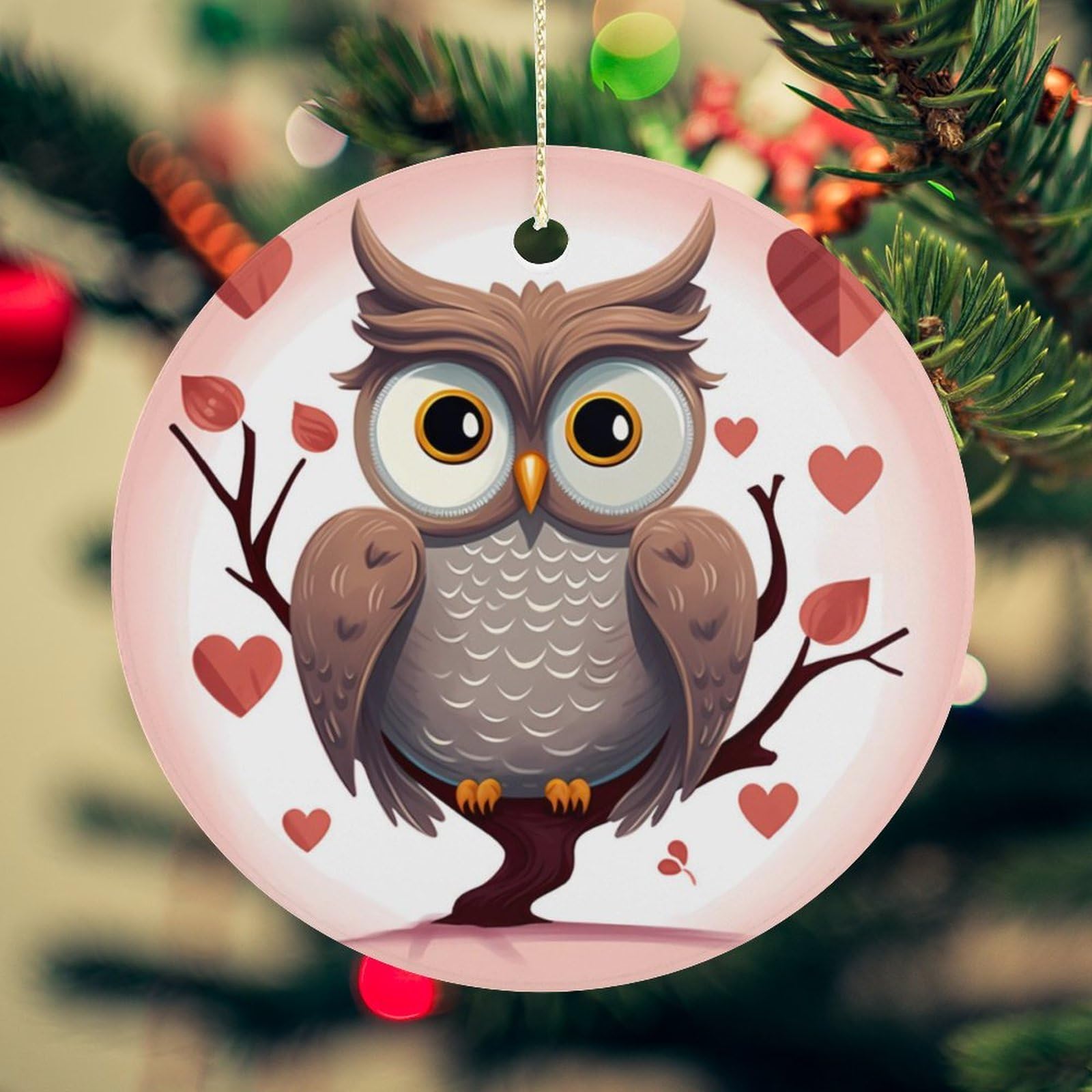 Owl Lover1 Christmas Ornament for Christmas Tree Ceramic Round Ornament Winter Holiday Keepsake Gift 2.7" Christmas Tree Hanging Decorations Circle Ceramic Pendant Xmas Gift