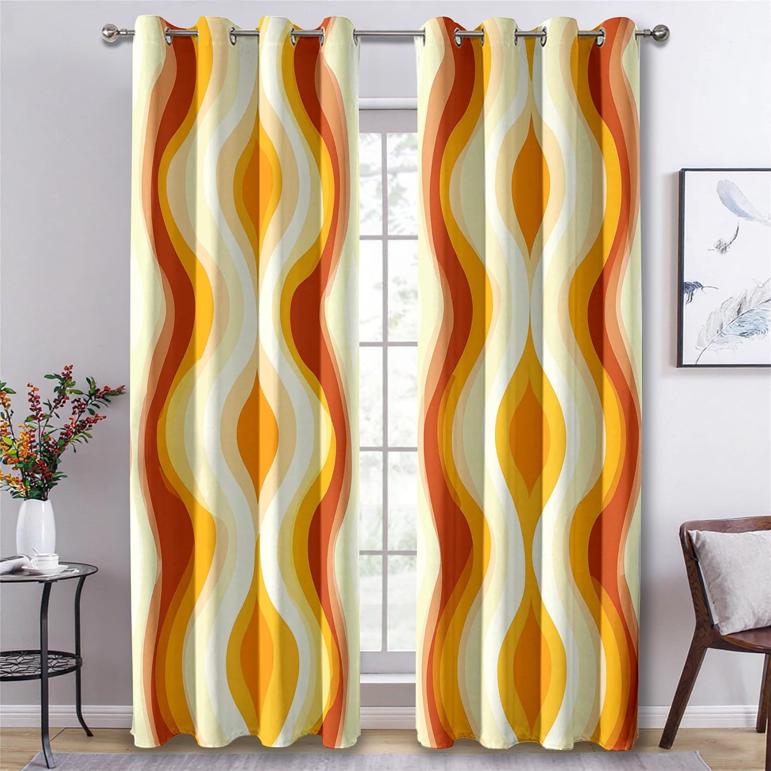 Retro Groovy Blackout Curtains 84 Inch Length 2 Panels Set, 70s Abstract Stripe Curtains for Living Room, Vintage Boho Patterned Window Treatments-Bedroom Decor Q&-65