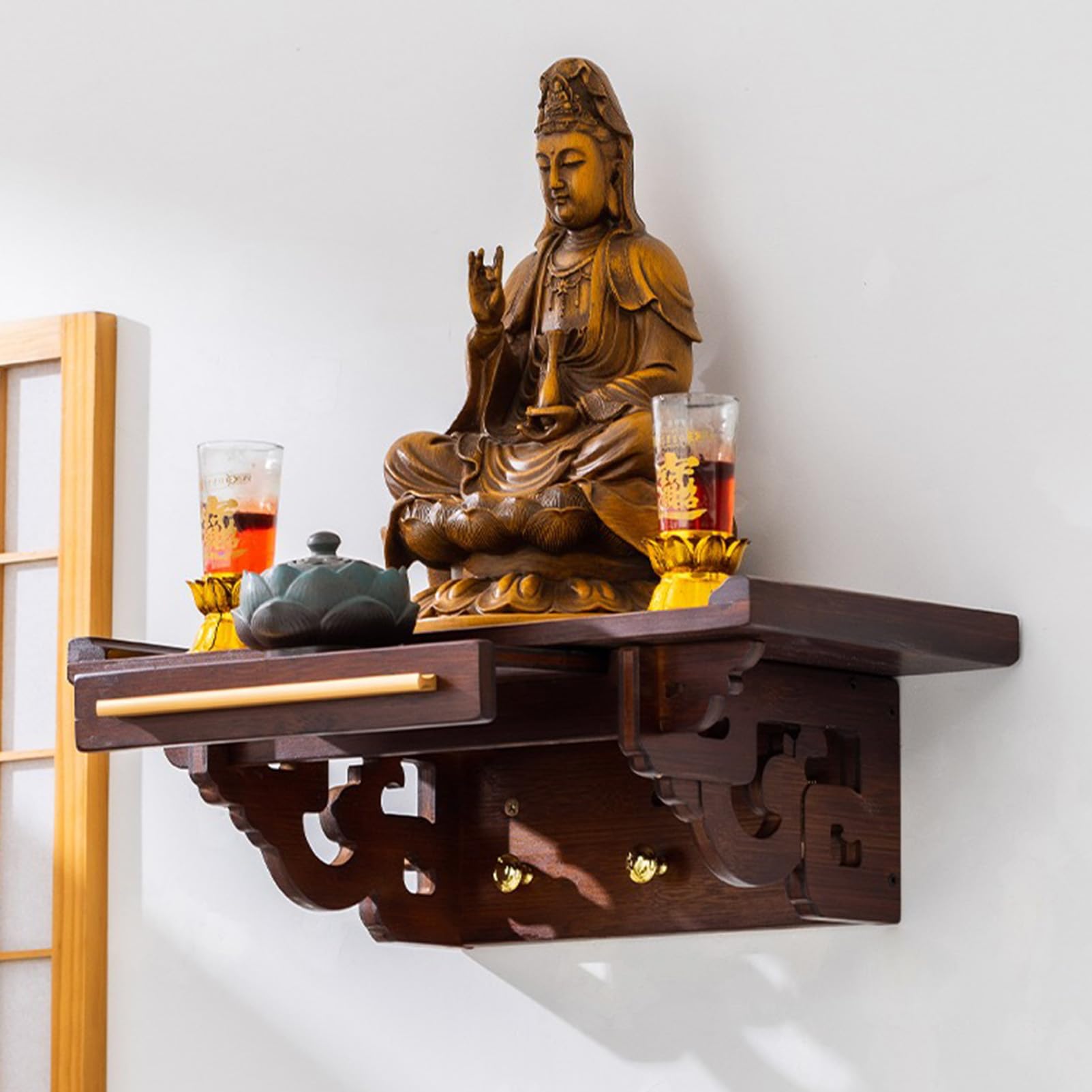 Estante de madera para pared para estatuas de Buda, mesa de altar Fengshui con montaje seguro para meditación en casa y rituales Pooja